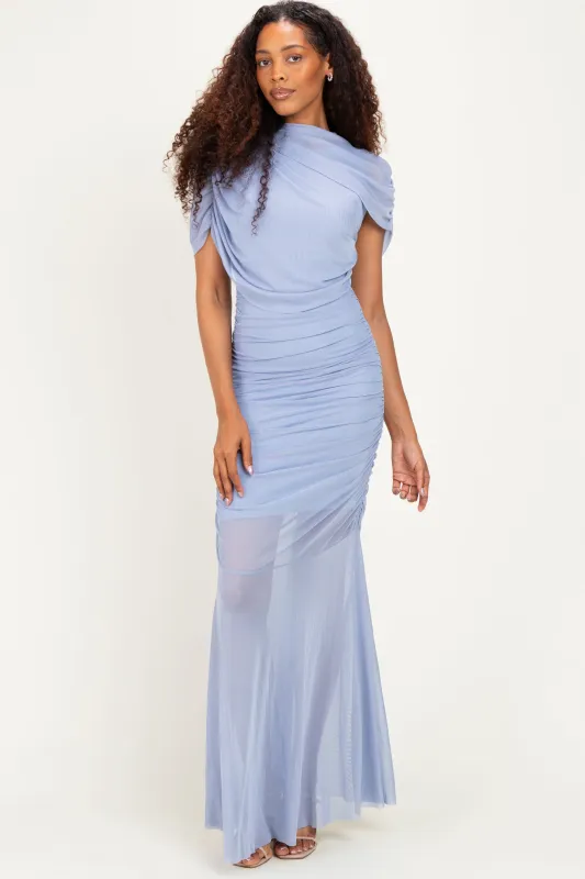 Blue Draped Bodice Ruched Mesh Maxi Dress made by Fore Collection