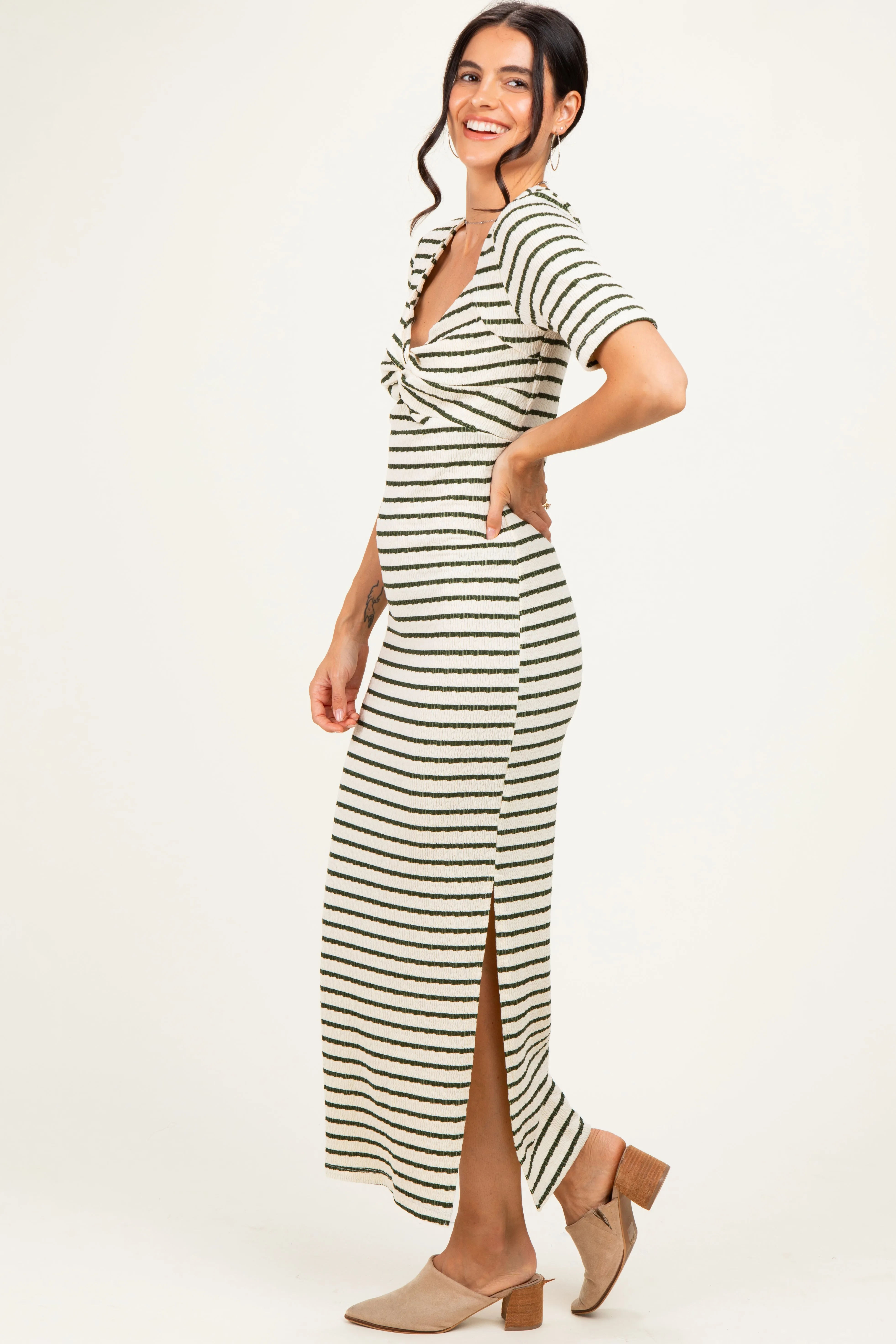Cream/ Olive Striped Knit Short Sleeve Maxi Dress sold by Pinkblush product image thumbnail 3