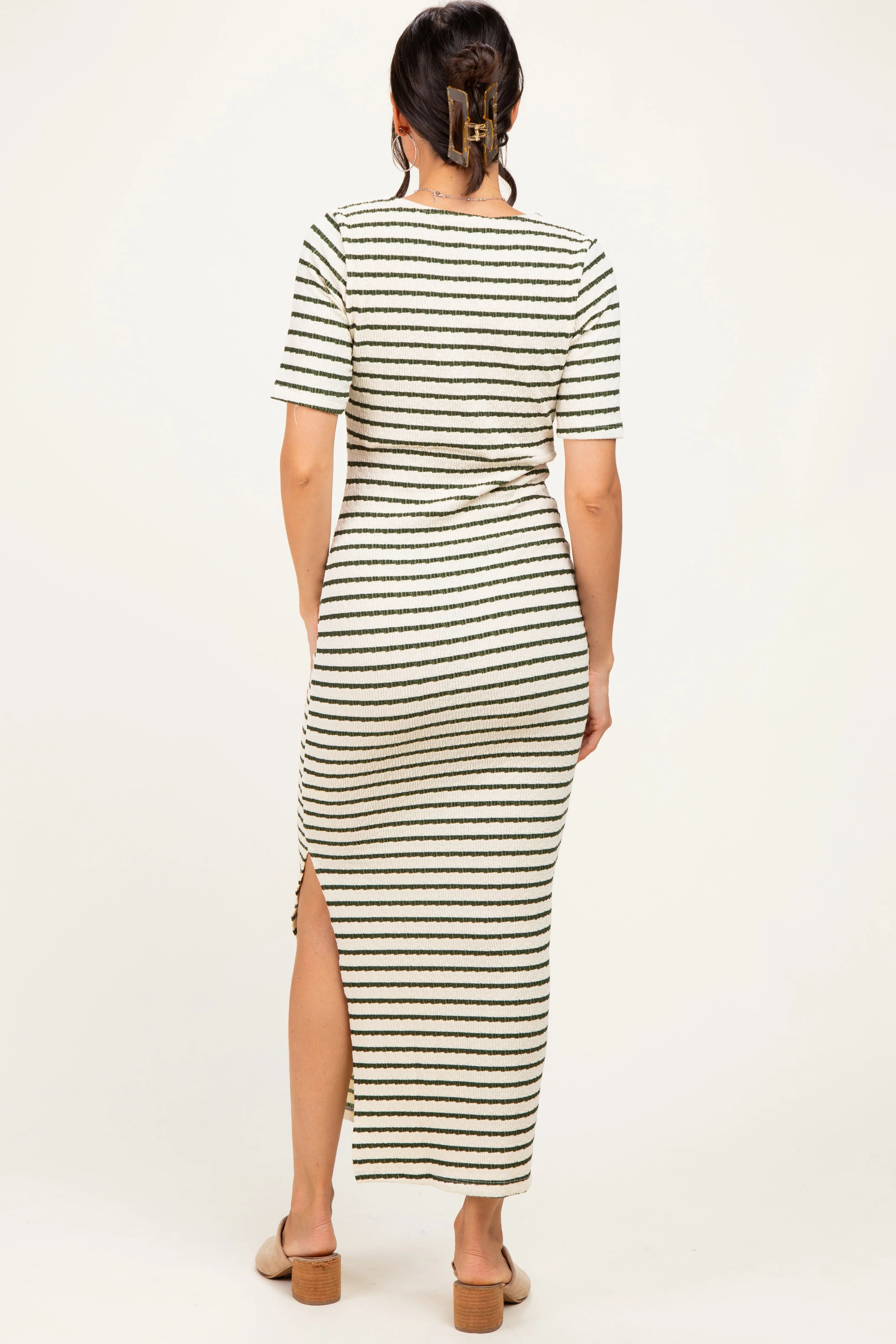 Cream/ Olive Striped Knit Short Sleeve Maxi Dress sold by Pinkblush product image thumbnail 4