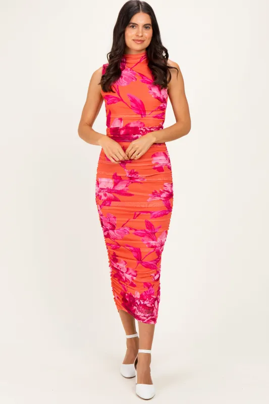 Orange Floral Ruched High Neck Midi Dress made by Flying Tomato