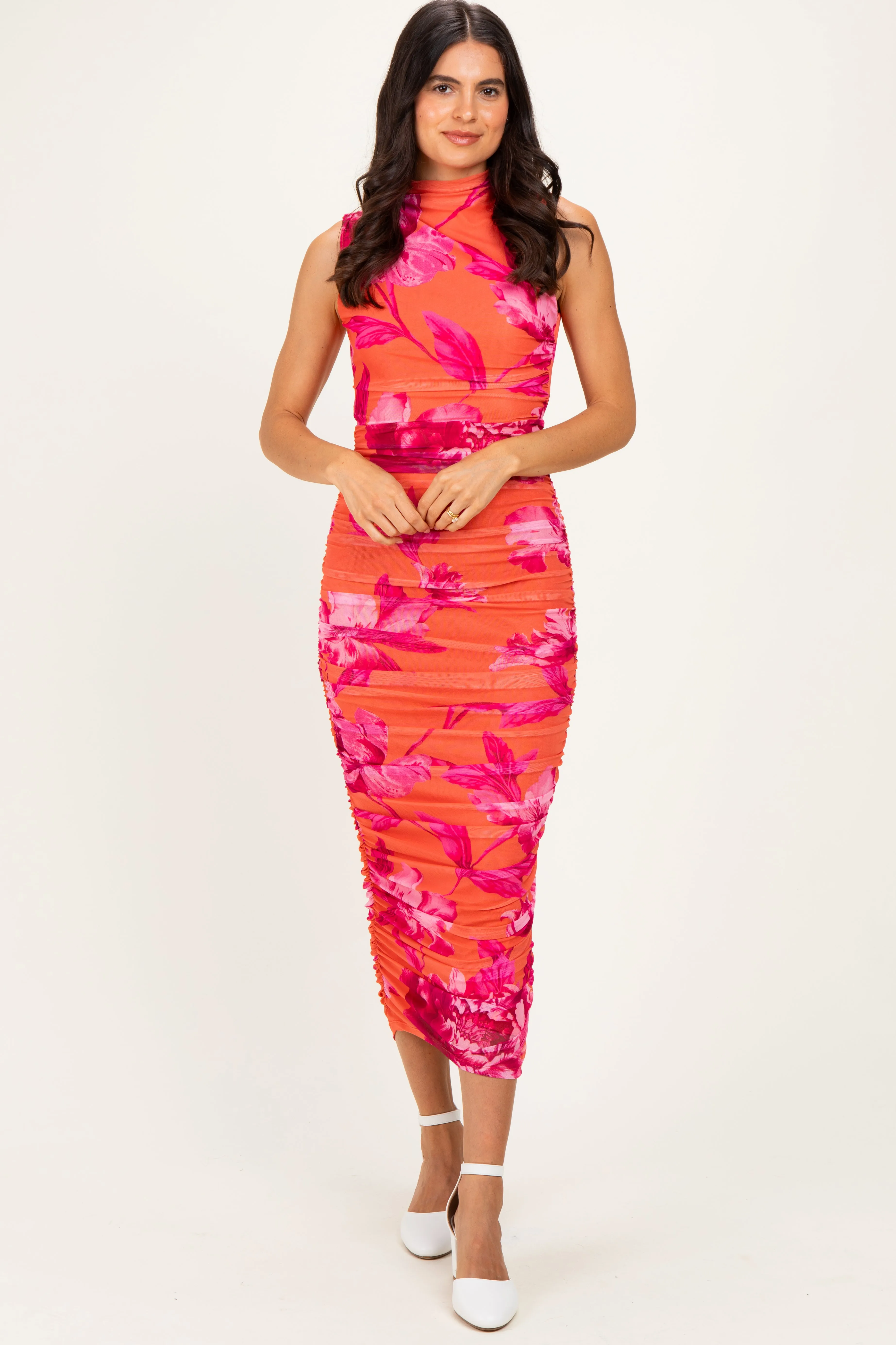 Orange Floral Ruched High Neck Midi Dress sold by Pinkblush