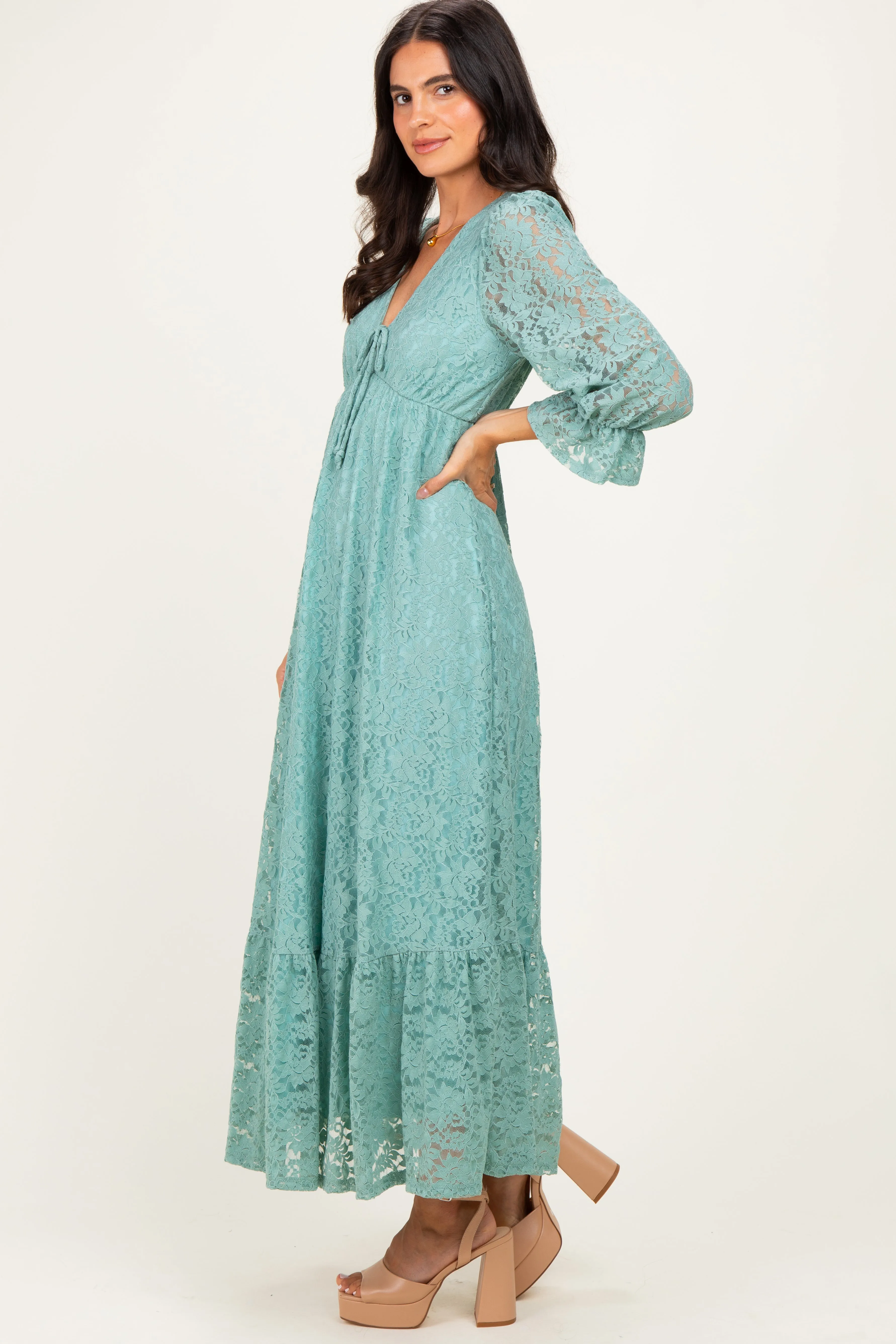 Blue Floral Lace 3/4 Ruffle Sleeve V-Neck Maxi Dress sold by Pinkblush product image thumbnail 3