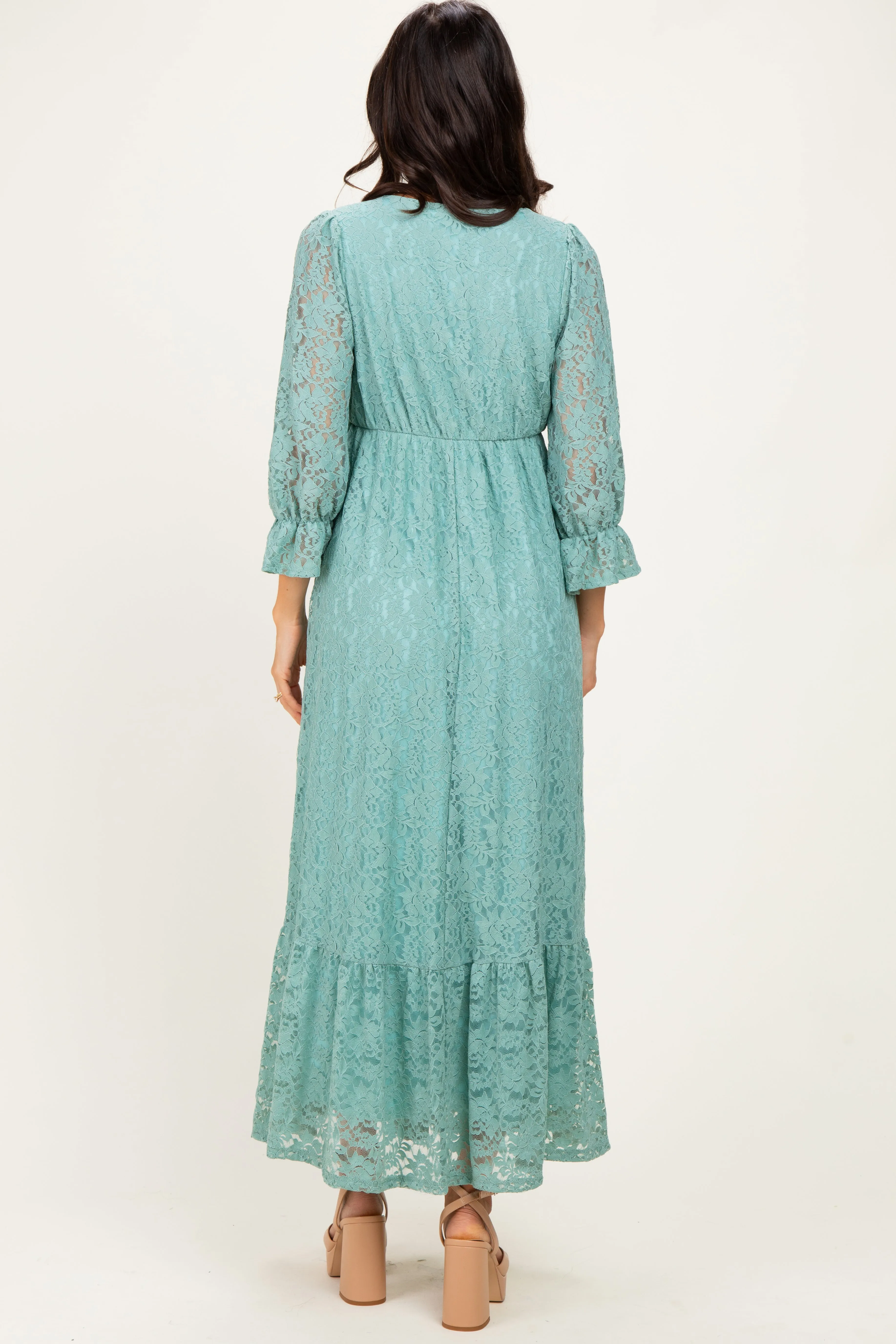 Blue Floral Lace 3/4 Ruffle Sleeve V-Neck Maxi Dress sold by Pinkblush product image thumbnail 4