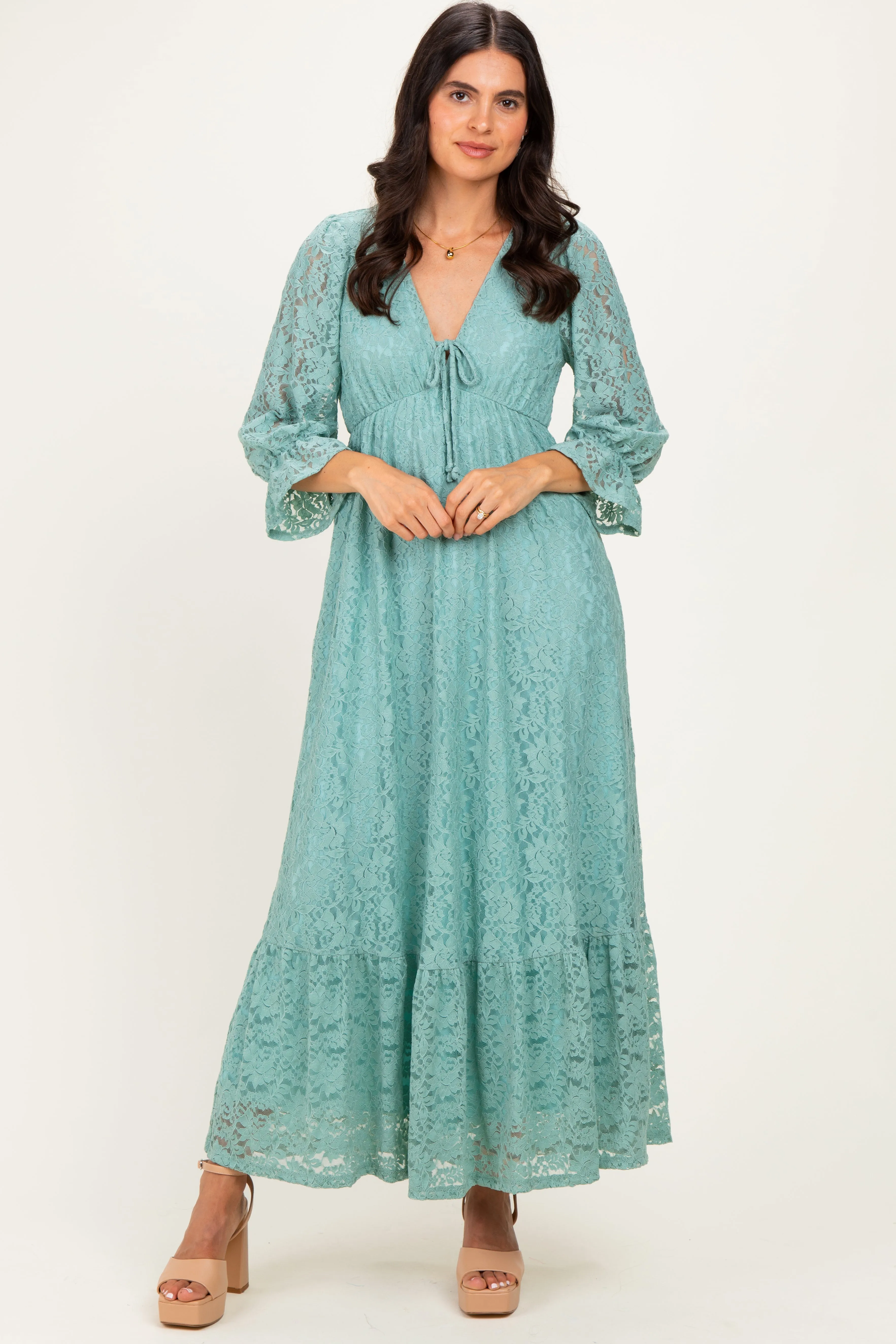 Blue Floral Lace 3/4 Ruffle Sleeve V-Neck Maxi Dress sold by Pinkblush