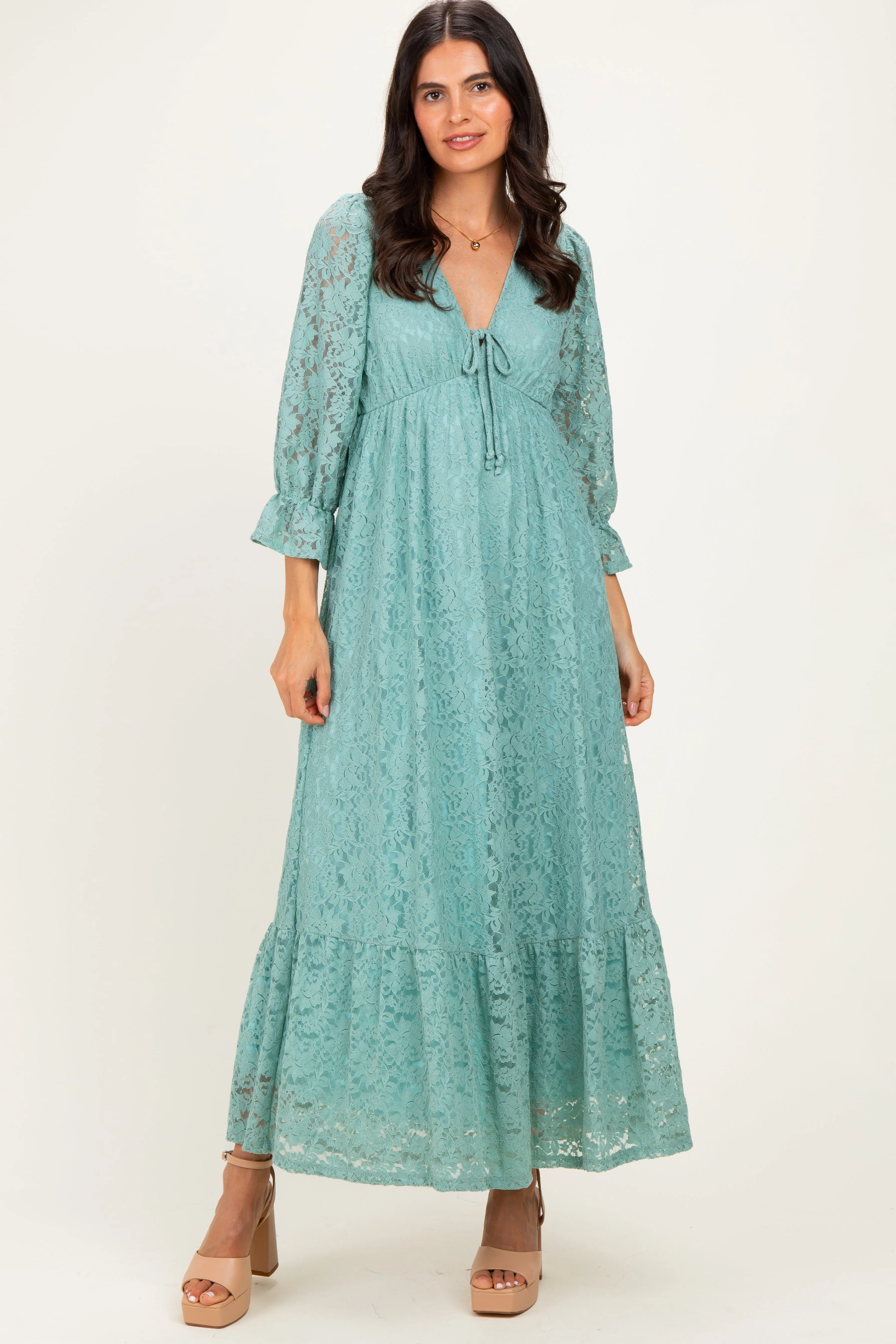 Blue Floral Lace 3/4 Ruffle Sleeve V-Neck Maxi Dress sold by Pinkblush product image thumbnail 2