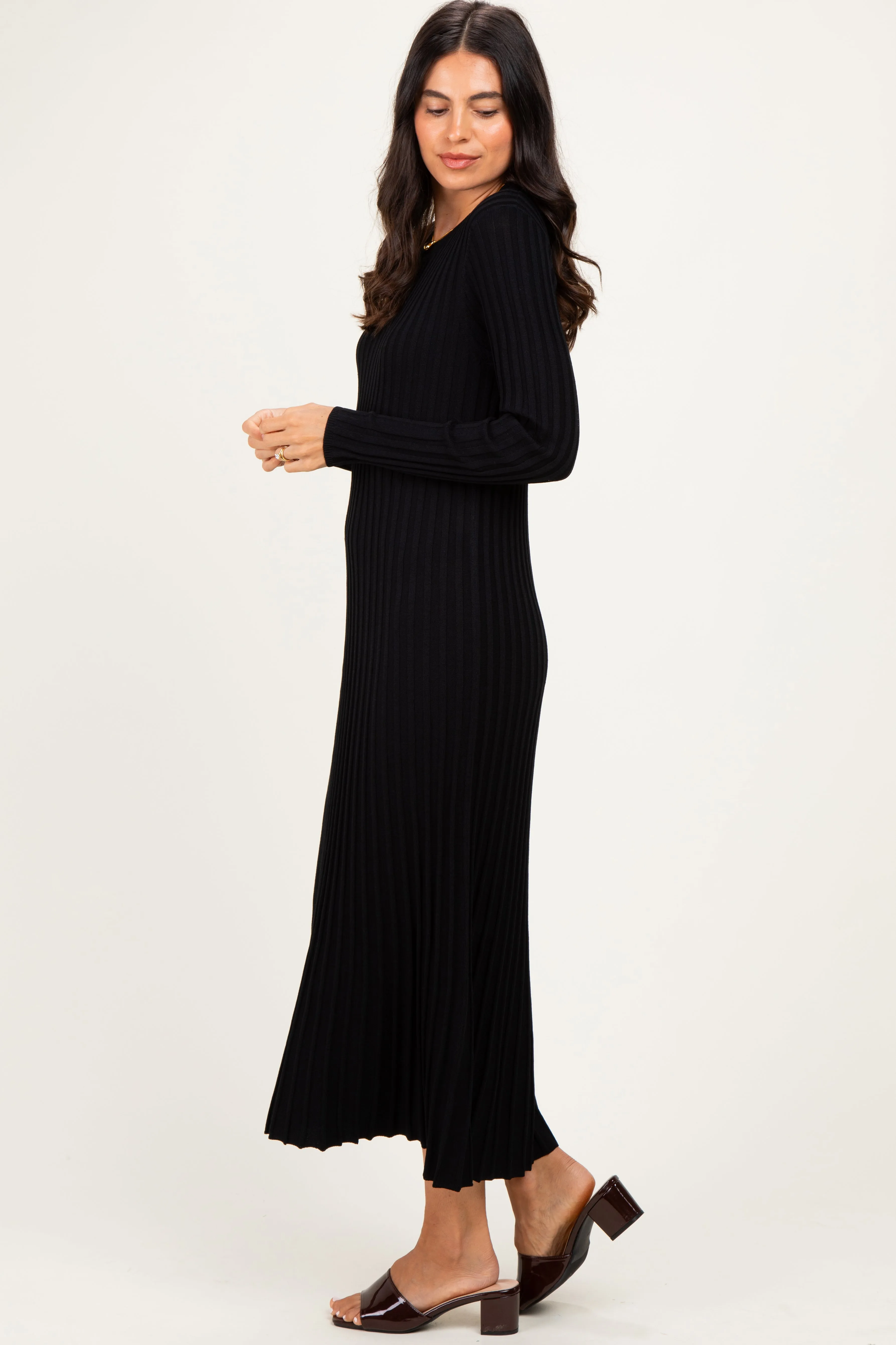Black Ribbed Long Sleeve Sweater Midi Dress sold by Pinkblush product image thumbnail 3