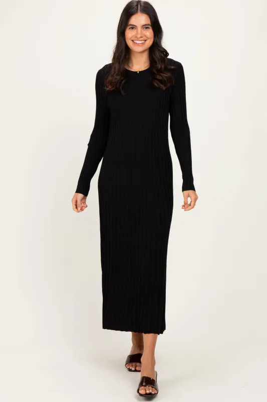 Black Ribbed Long Sleeve Sweater Midi Dress made by Able