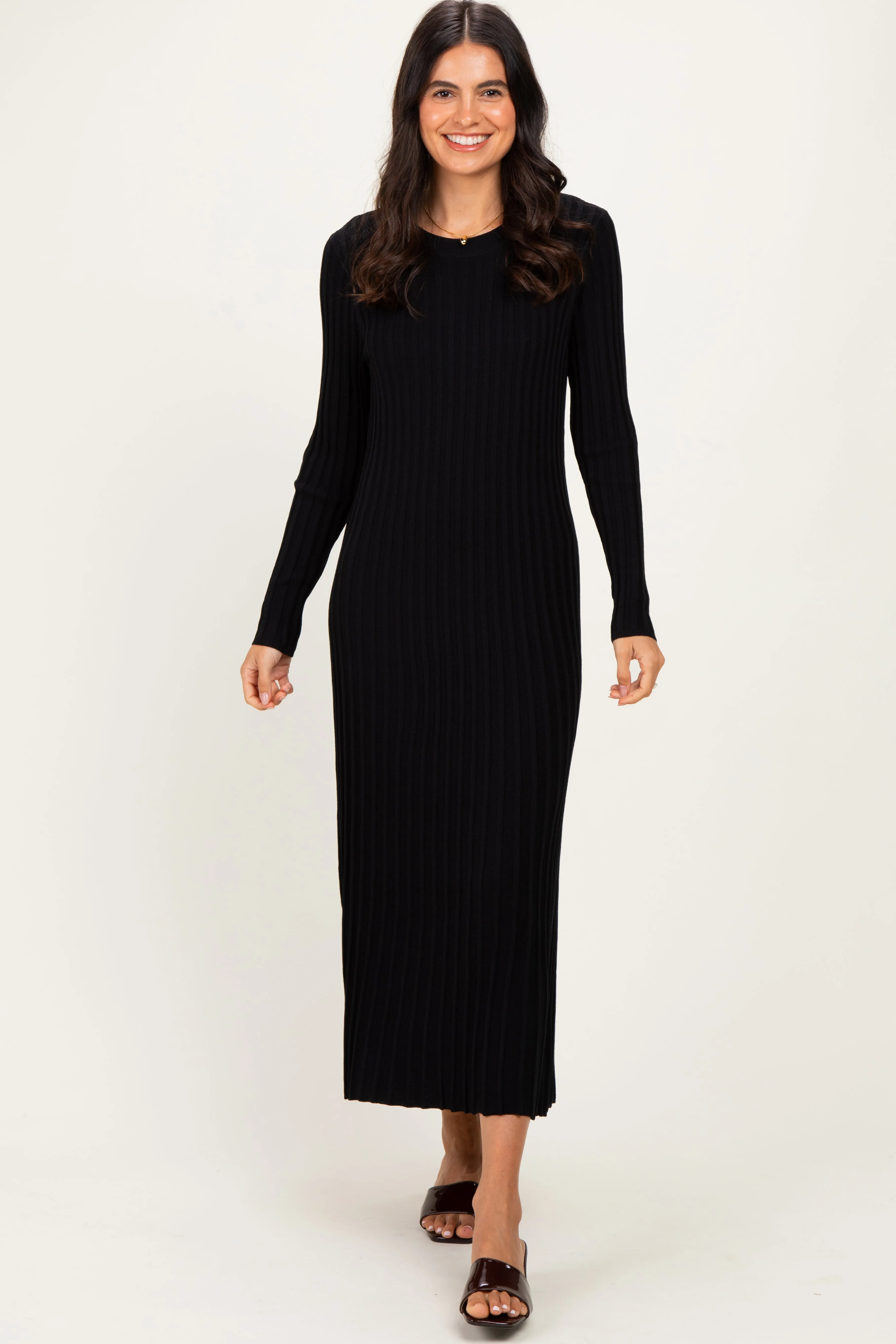 Black Ribbed Long Sleeve Sweater Midi Dress sold by Pinkblush