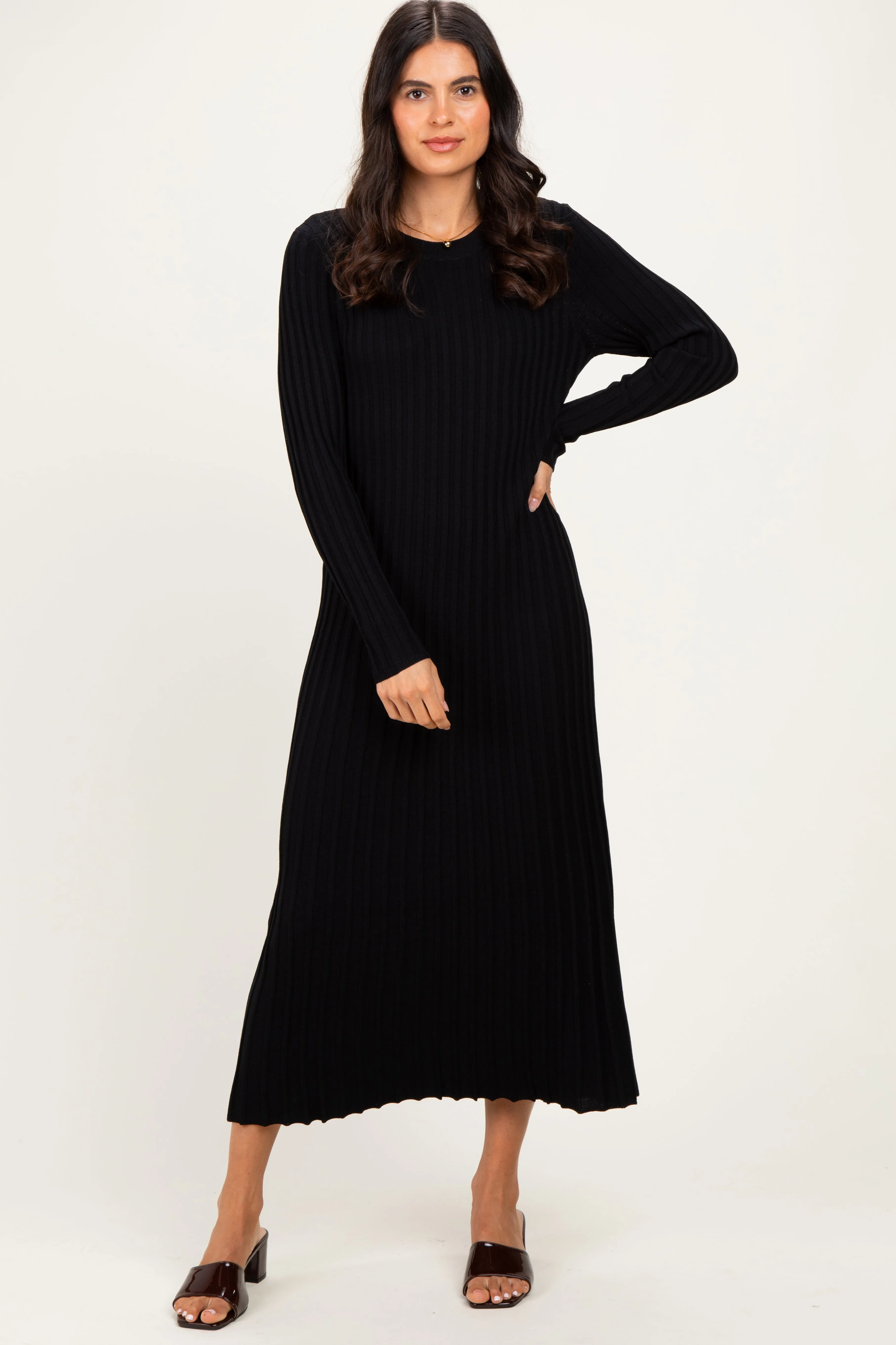 Black Ribbed Long Sleeve Sweater Midi Dress sold by Pinkblush product image thumbnail 2