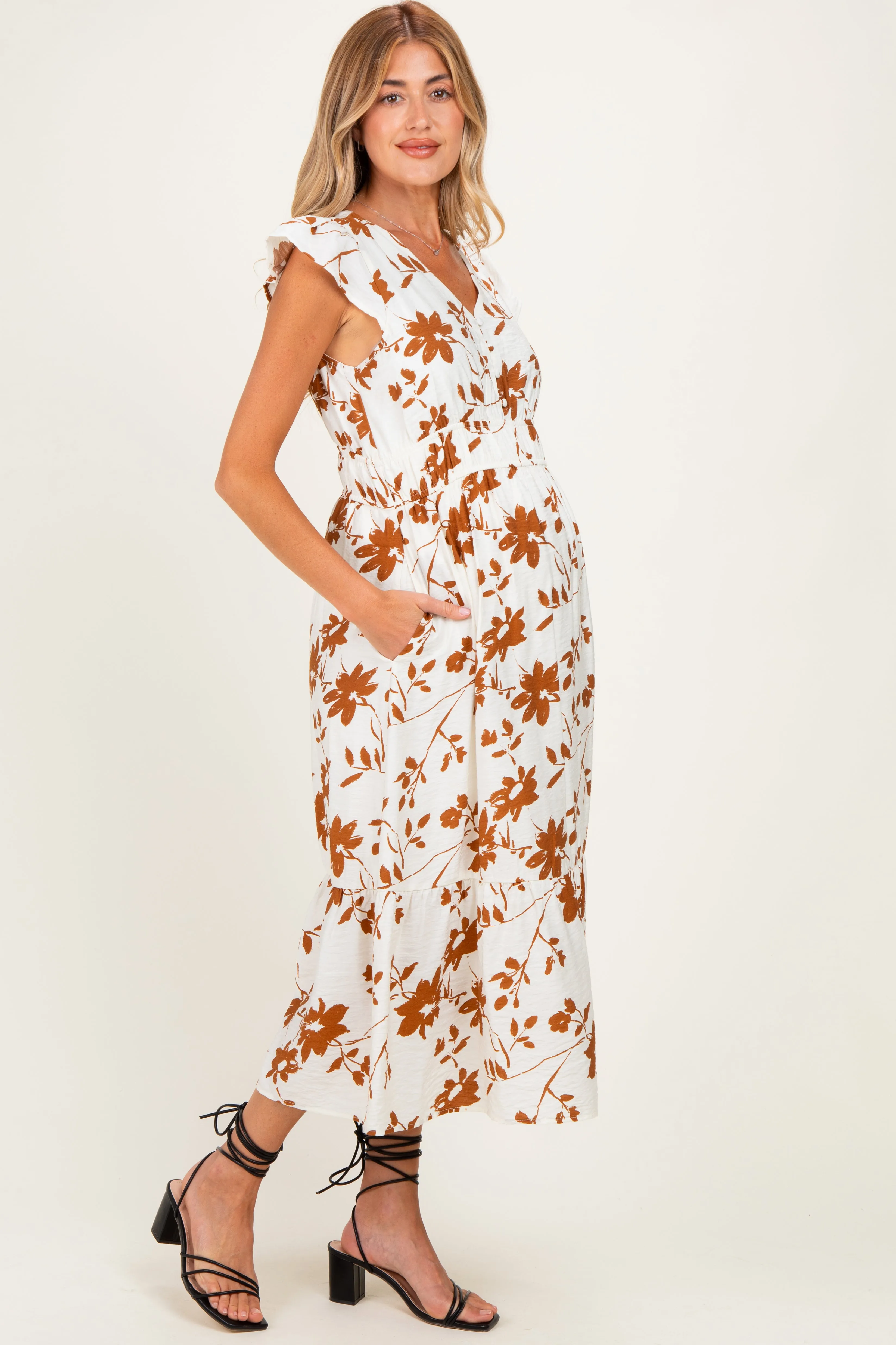 Brown Floral Button Detail Maternity Midi Dress sold by Pinkblush product image thumbnail 2