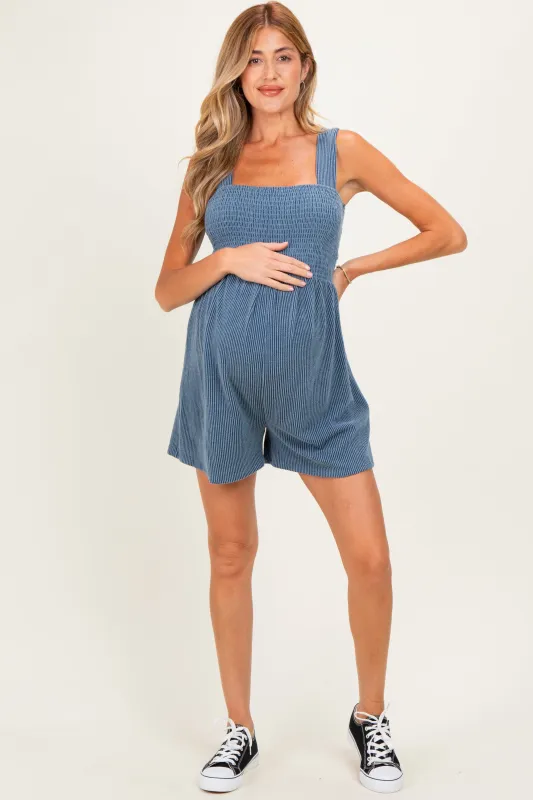 Denim Ribbed Smocked Bodice Maternity Romper made by Hello MIZ