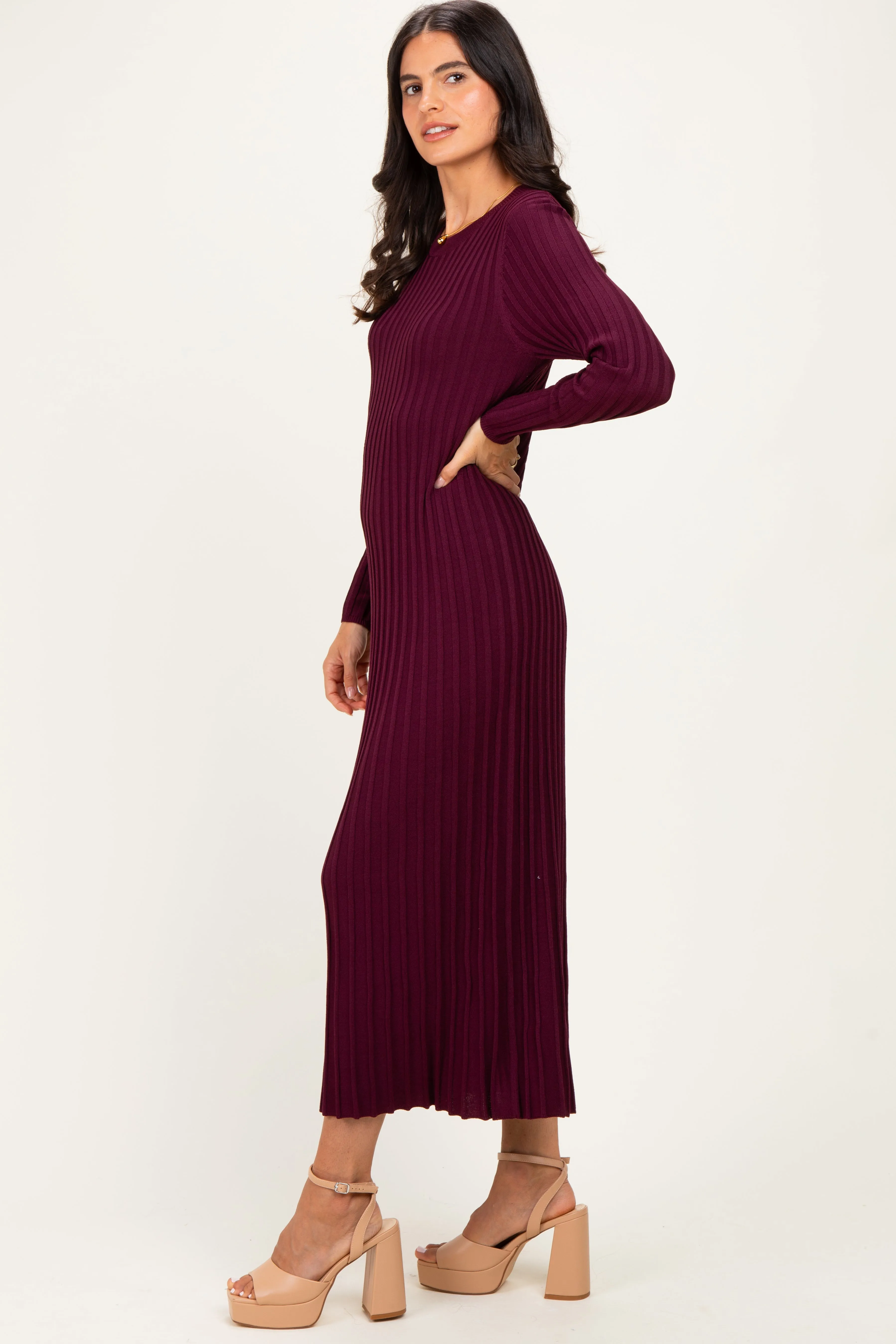 Burgundy Ribbed Long Sleeve Sweater Midi Dress sold by Pinkblush product image thumbnail 2
