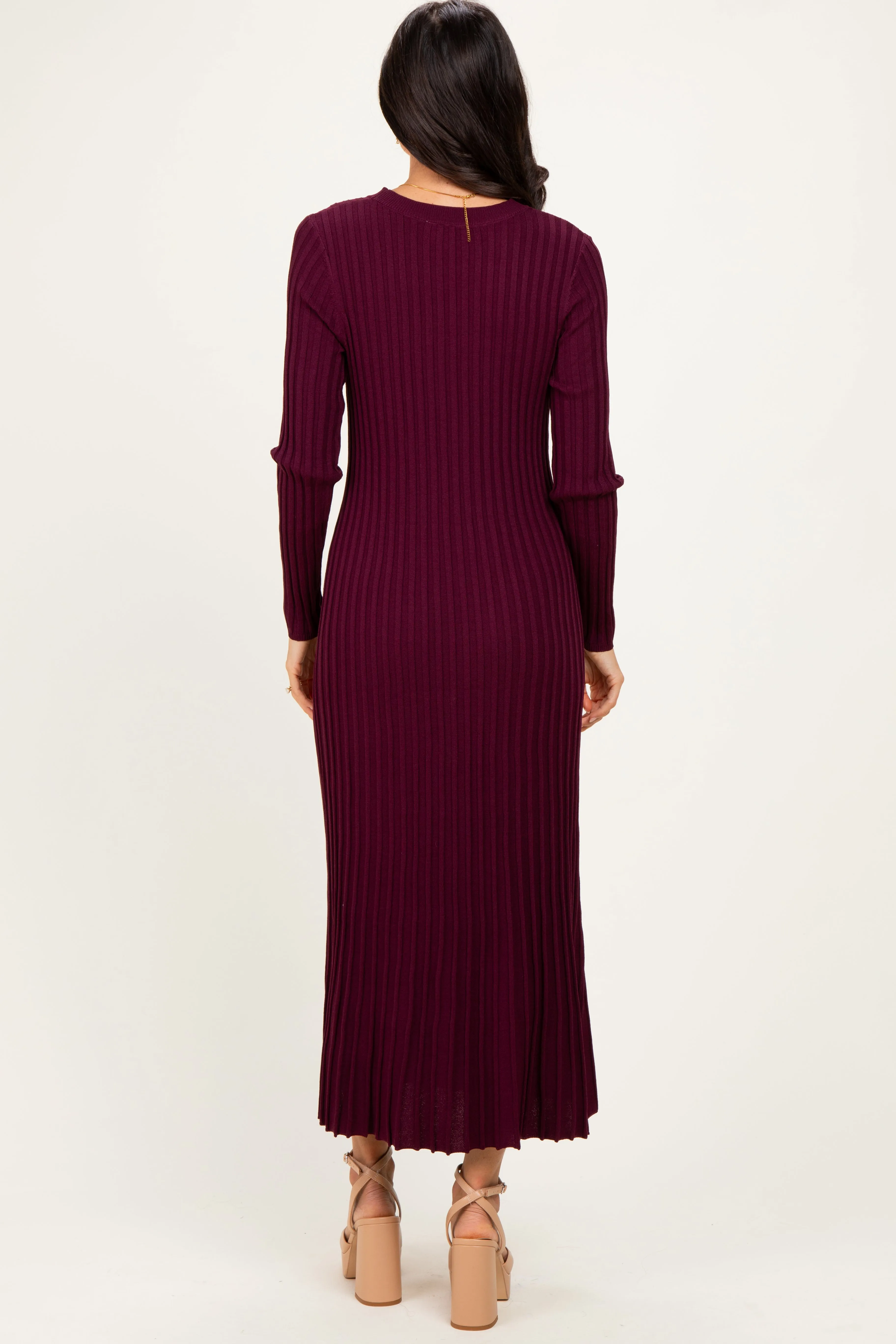 Burgundy Ribbed Long Sleeve Sweater Midi Dress sold by Pinkblush product image thumbnail 3