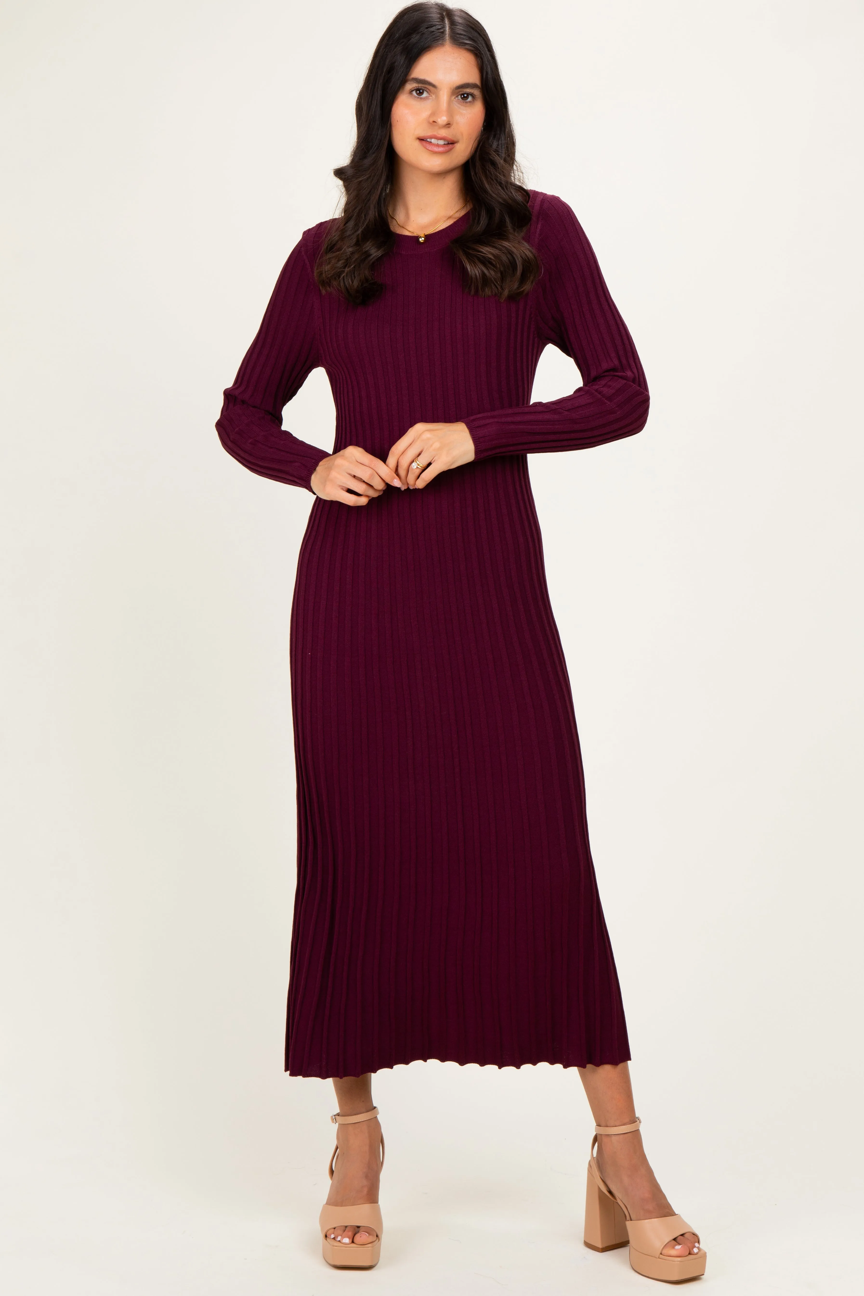 Burgundy Ribbed Long Sleeve Sweater Midi Dress sold by Pinkblush
