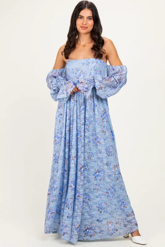 Blue Off Shoulder Long Sleeve Maxi Dress made by Pinkblush