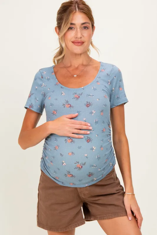 Blue Floral Ruching Short Sleeve Maternity Top made by Pinkblush