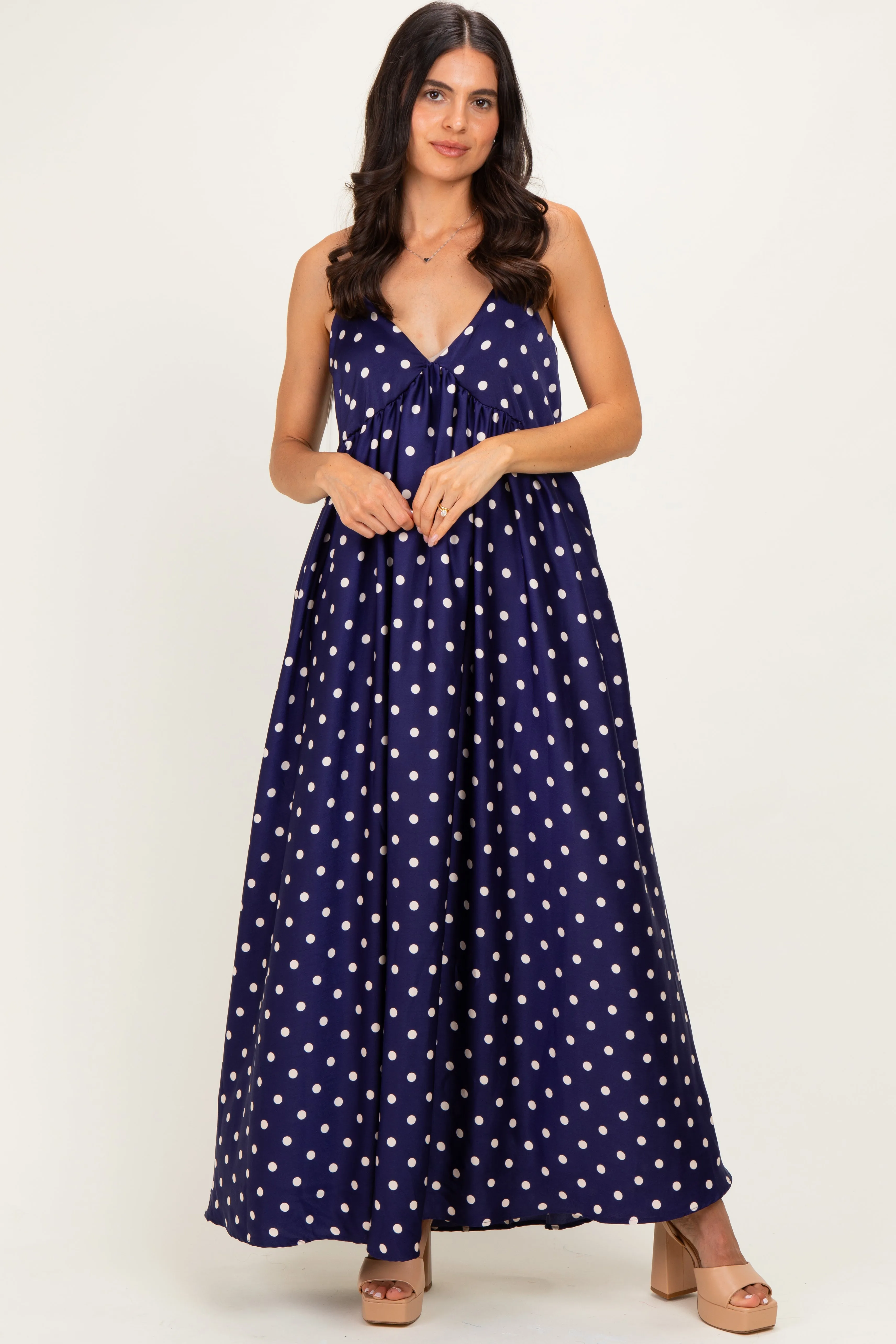 Navy/ Cream Polka Dot Sleeveless Maxi Dress sold by Pinkblush