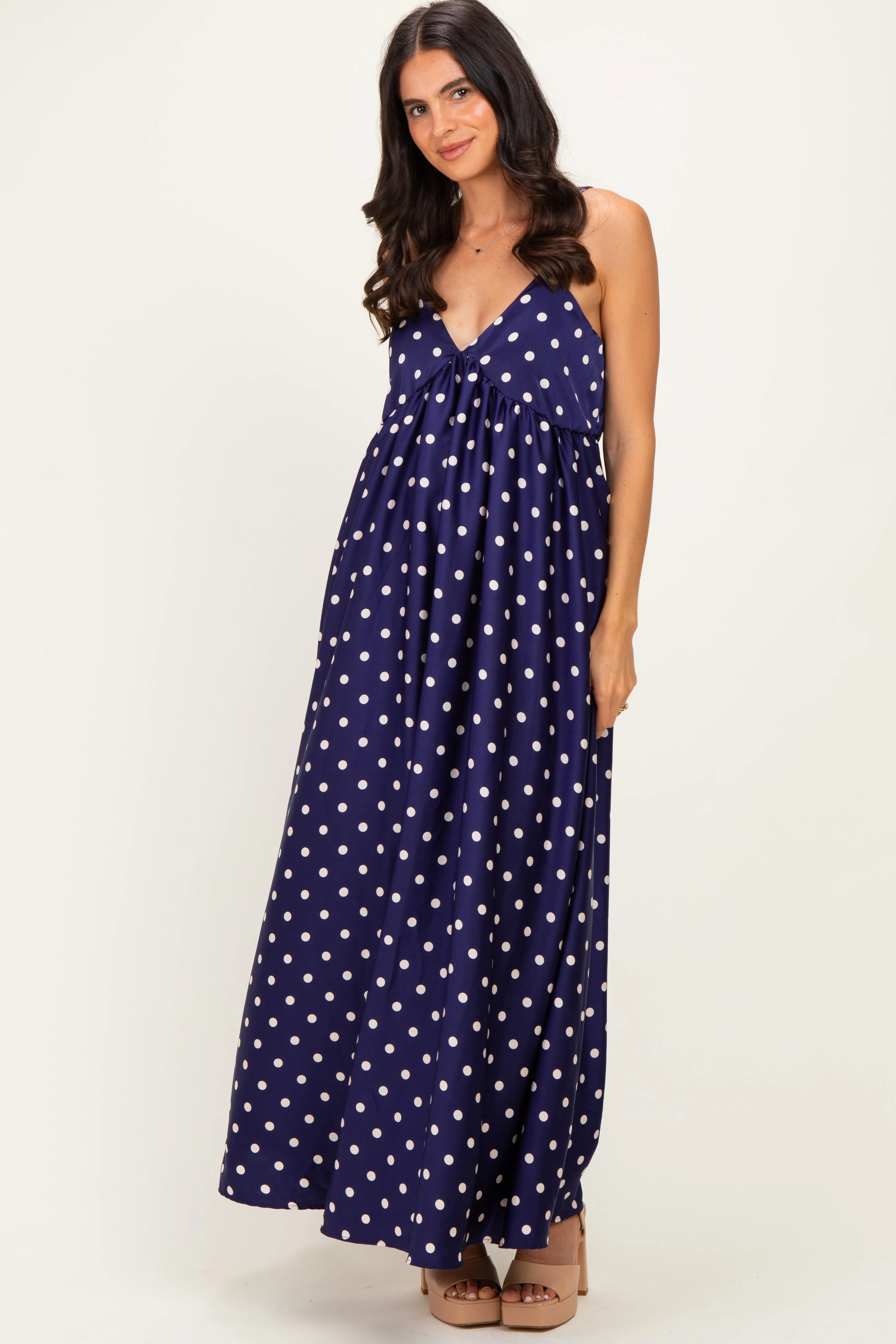 Navy/ Cream Polka Dot Sleeveless Maxi Dress sold by Pinkblush product image thumbnail 2