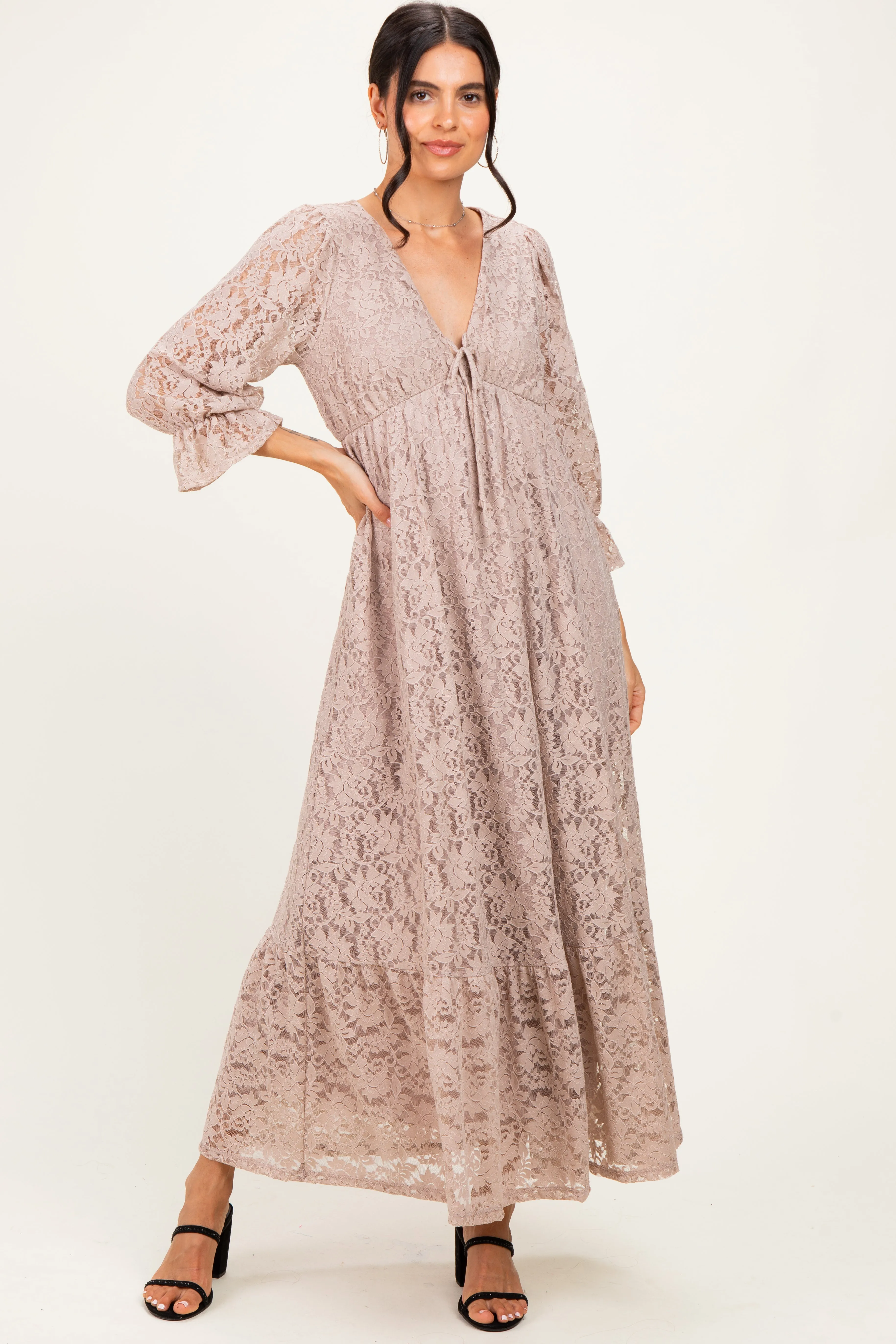 Mocha Floral Lace 3/4 Ruffle Sleeve V-Neck Maxi Dress sold by Pinkblush product image thumbnail 2