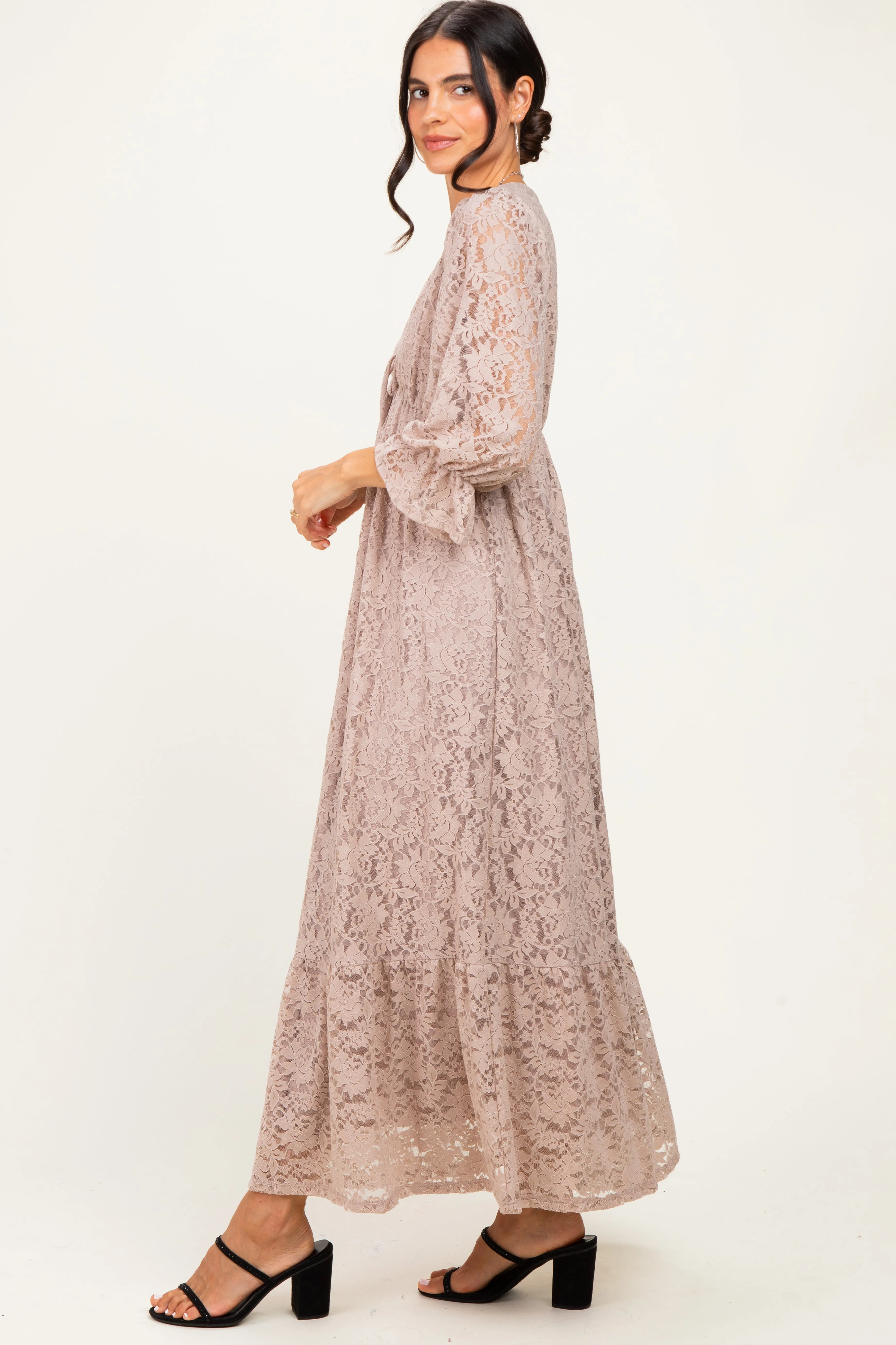 Mocha Floral Lace 3/4 Ruffle Sleeve V-Neck Maxi Dress sold by Pinkblush product image thumbnail 3