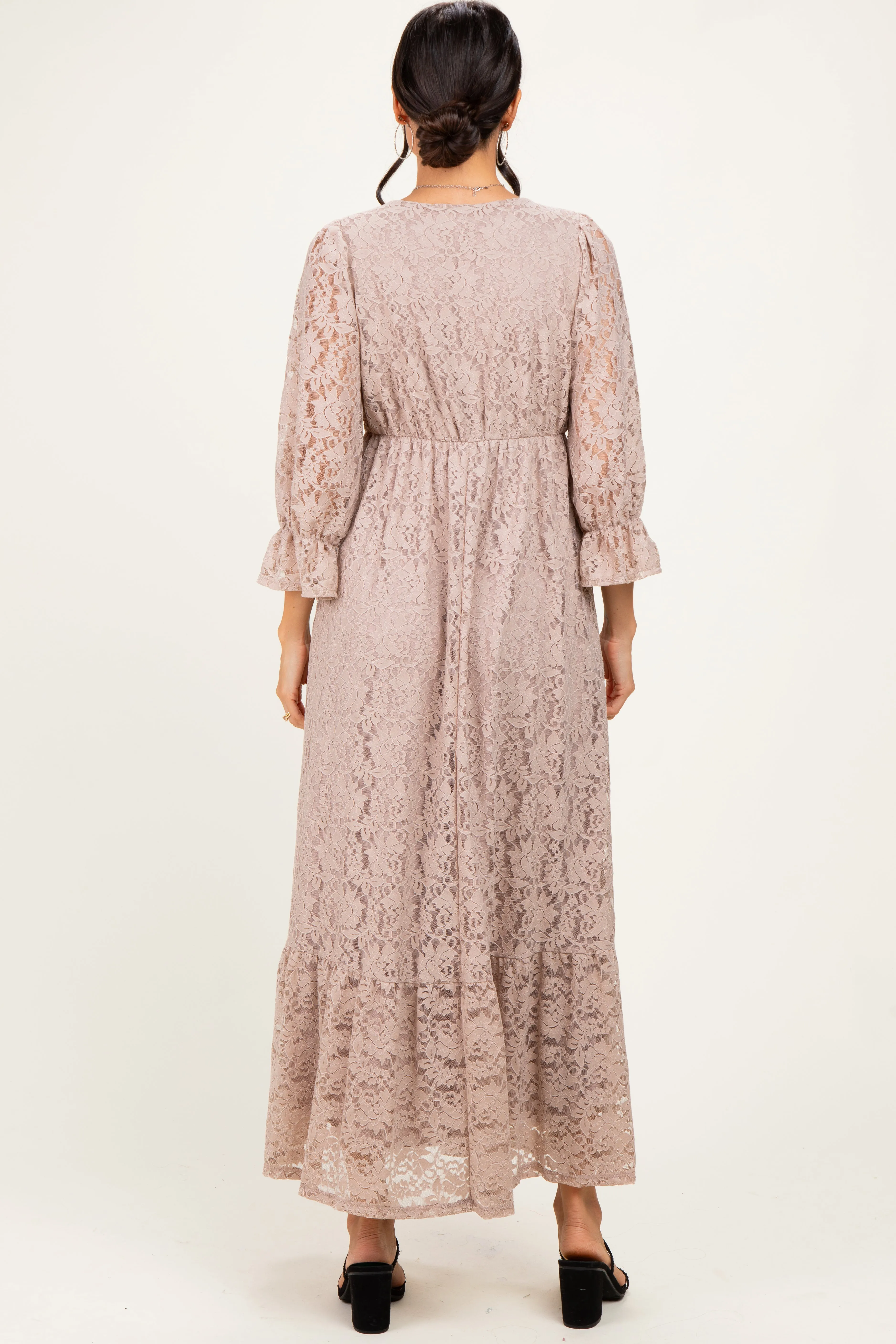 Mocha Floral Lace 3/4 Ruffle Sleeve V-Neck Maxi Dress sold by Pinkblush product image thumbnail 4