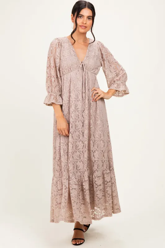 Mocha Floral Lace 3/4 Ruffle Sleeve V-Neck Maxi Dress made by Pinkblush