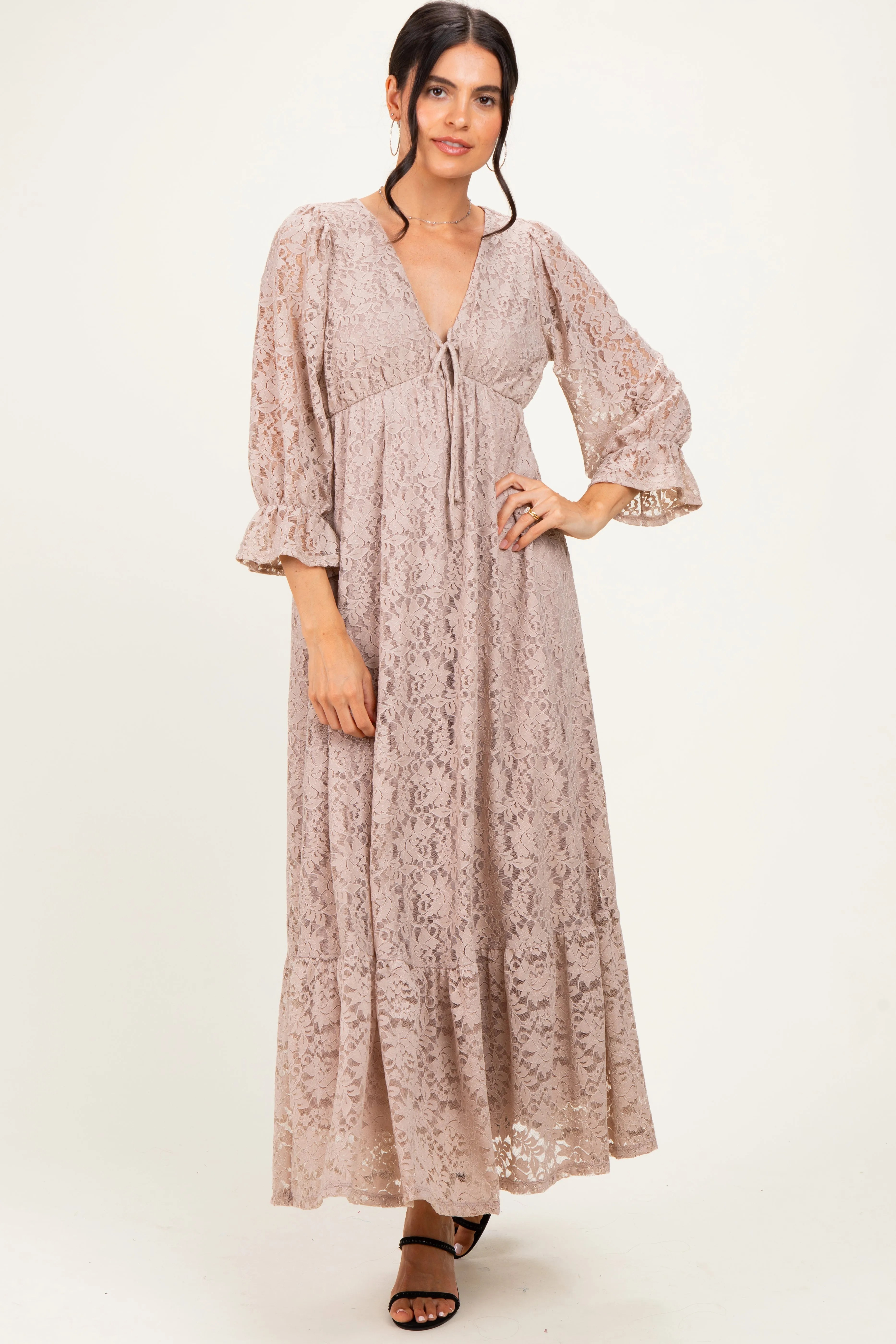 Mocha Floral Lace 3/4 Ruffle Sleeve V-Neck Maxi Dress sold by Pinkblush