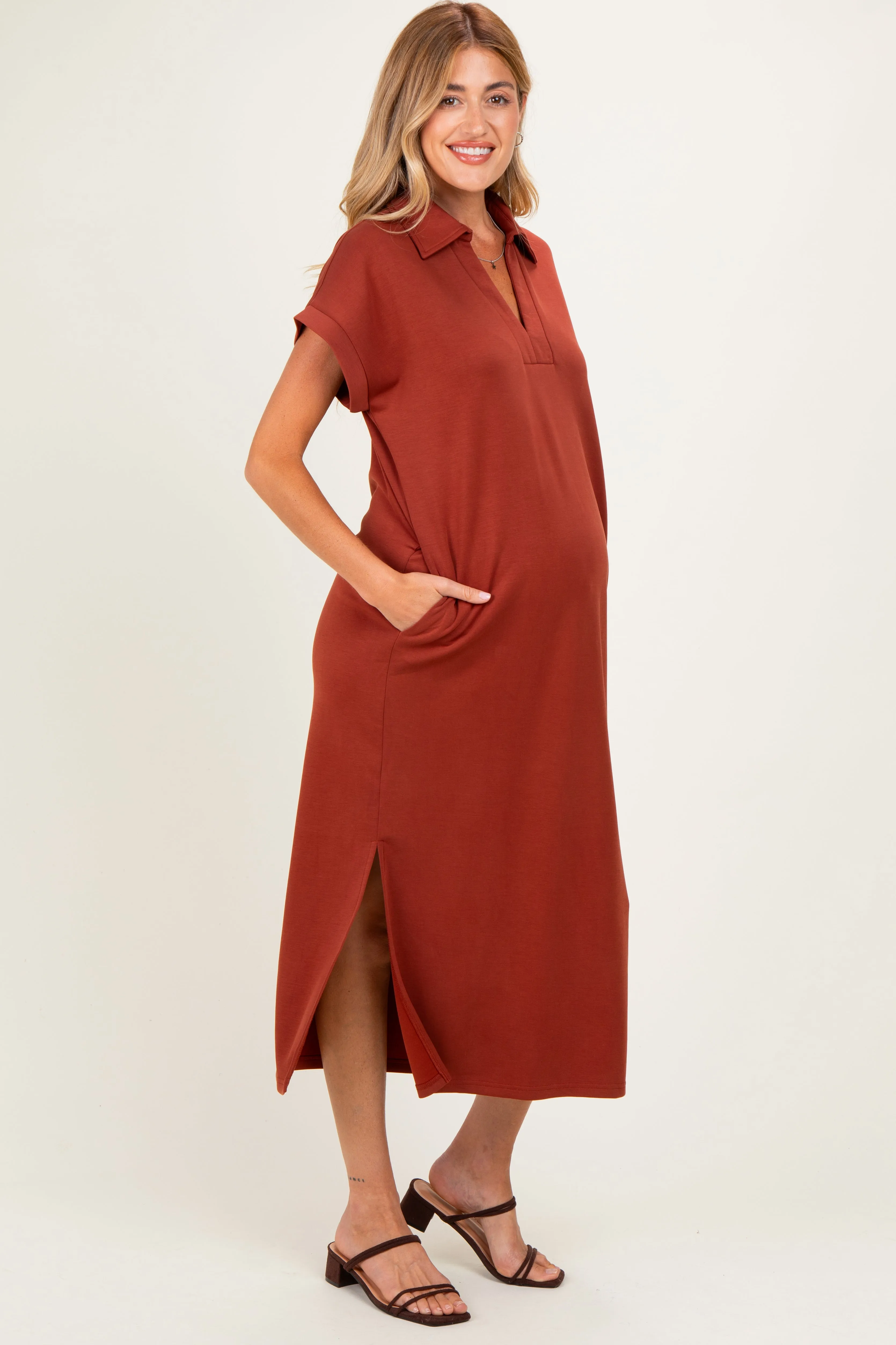 Clay Collared Short Sleeve Maternity Midi Dress sold by Pinkblush product image thumbnail 2