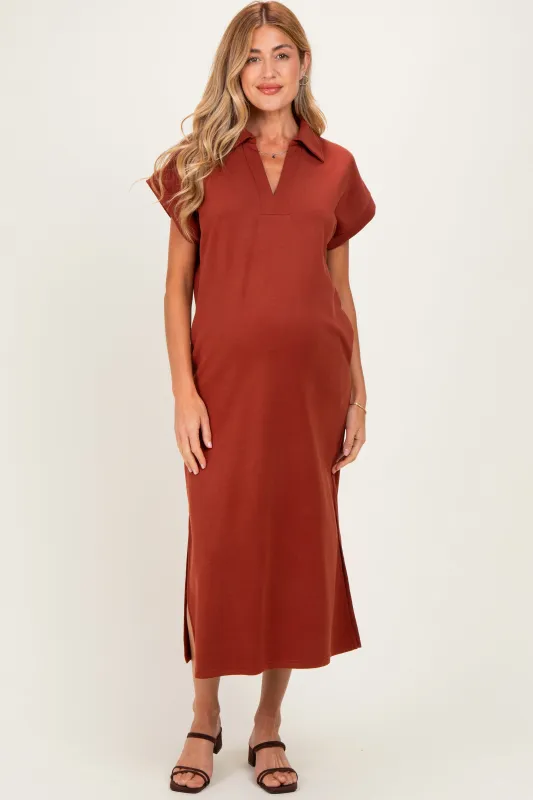Clay Collared Short Sleeve Maternity Midi Dress made by entro