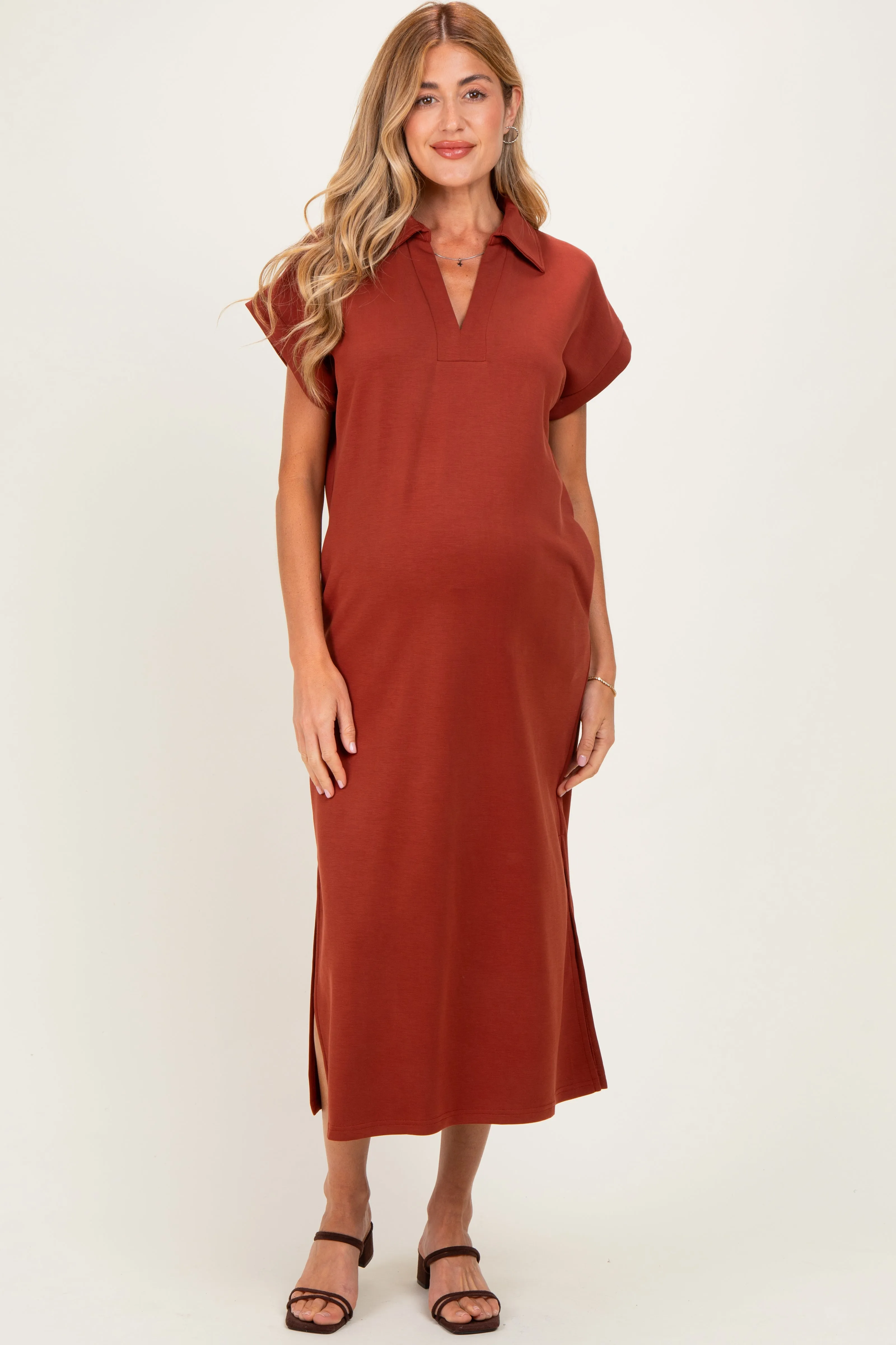 Clay Collared Short Sleeve Maternity Midi Dress sold by Pinkblush