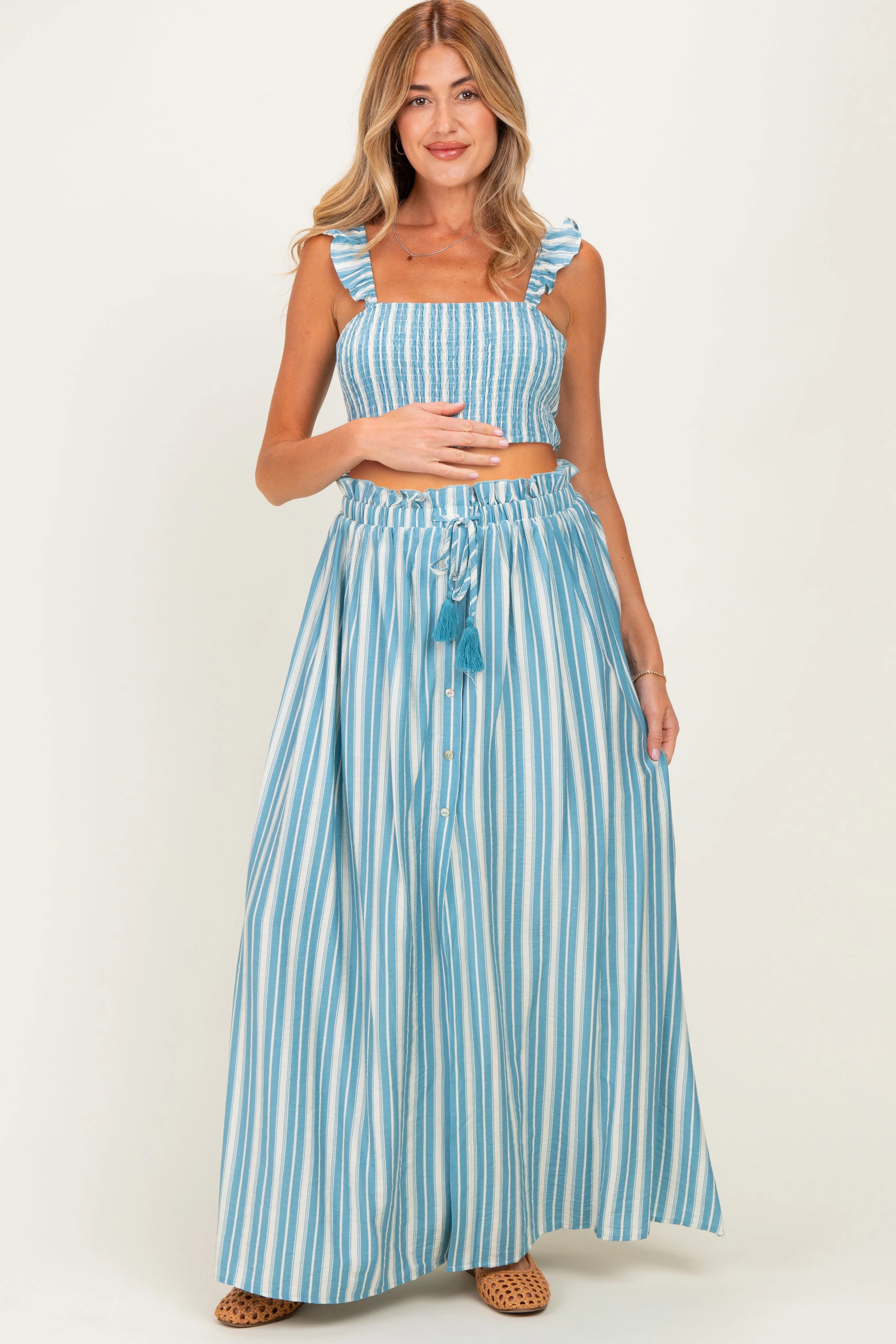 Blue Striped Smocked Crop Top Maxi Skirt Maternity Set sold by Pinkblush