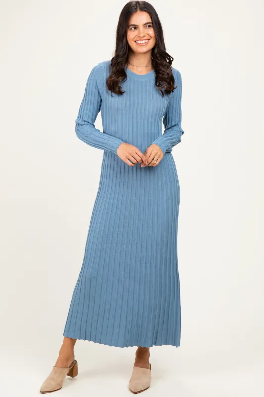 Denim Blue Ribbed Long Sleeve Sweater Midi Dress made by Able