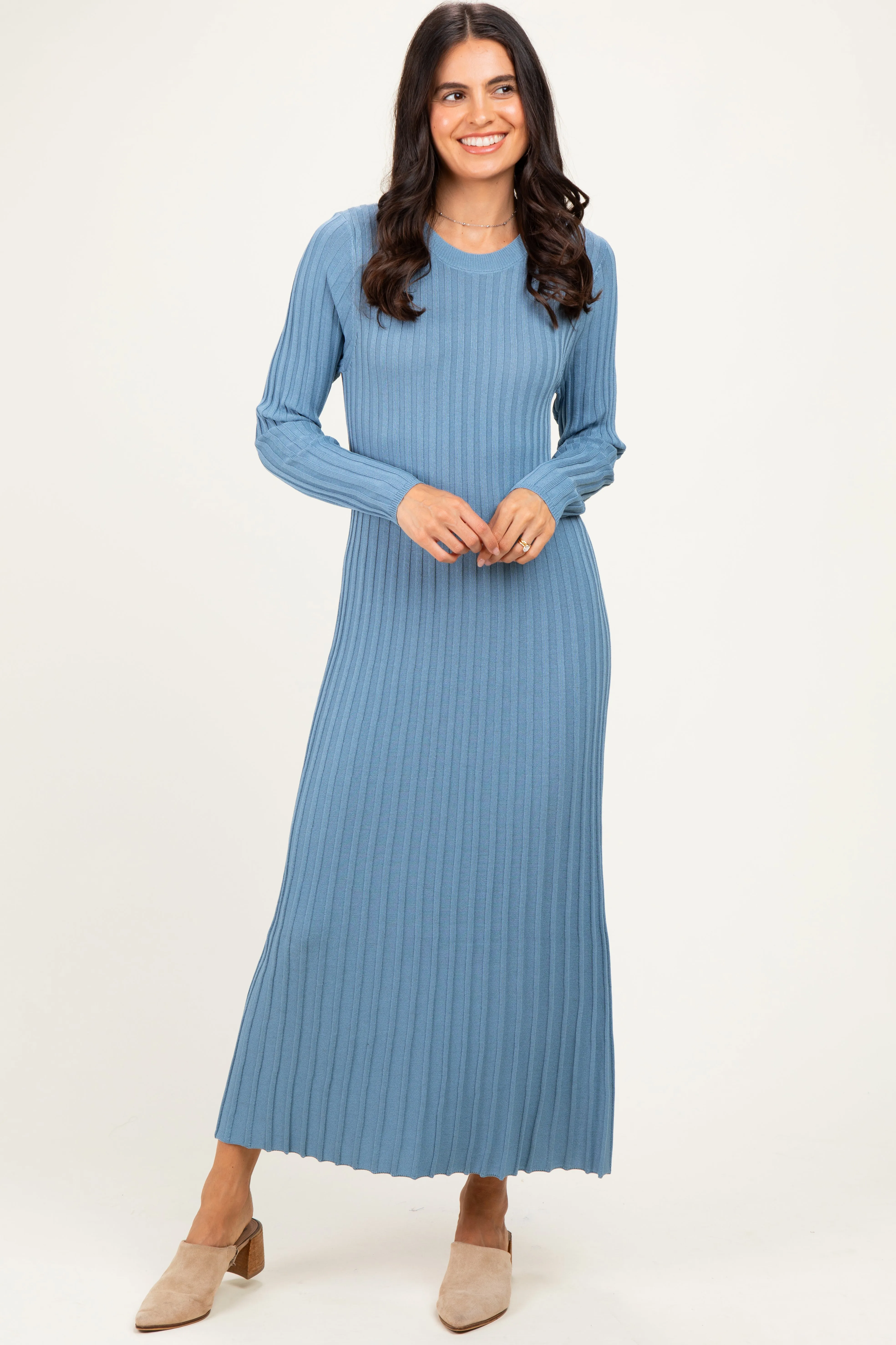Denim Blue Ribbed Long Sleeve Sweater Midi Dress sold by Pinkblush