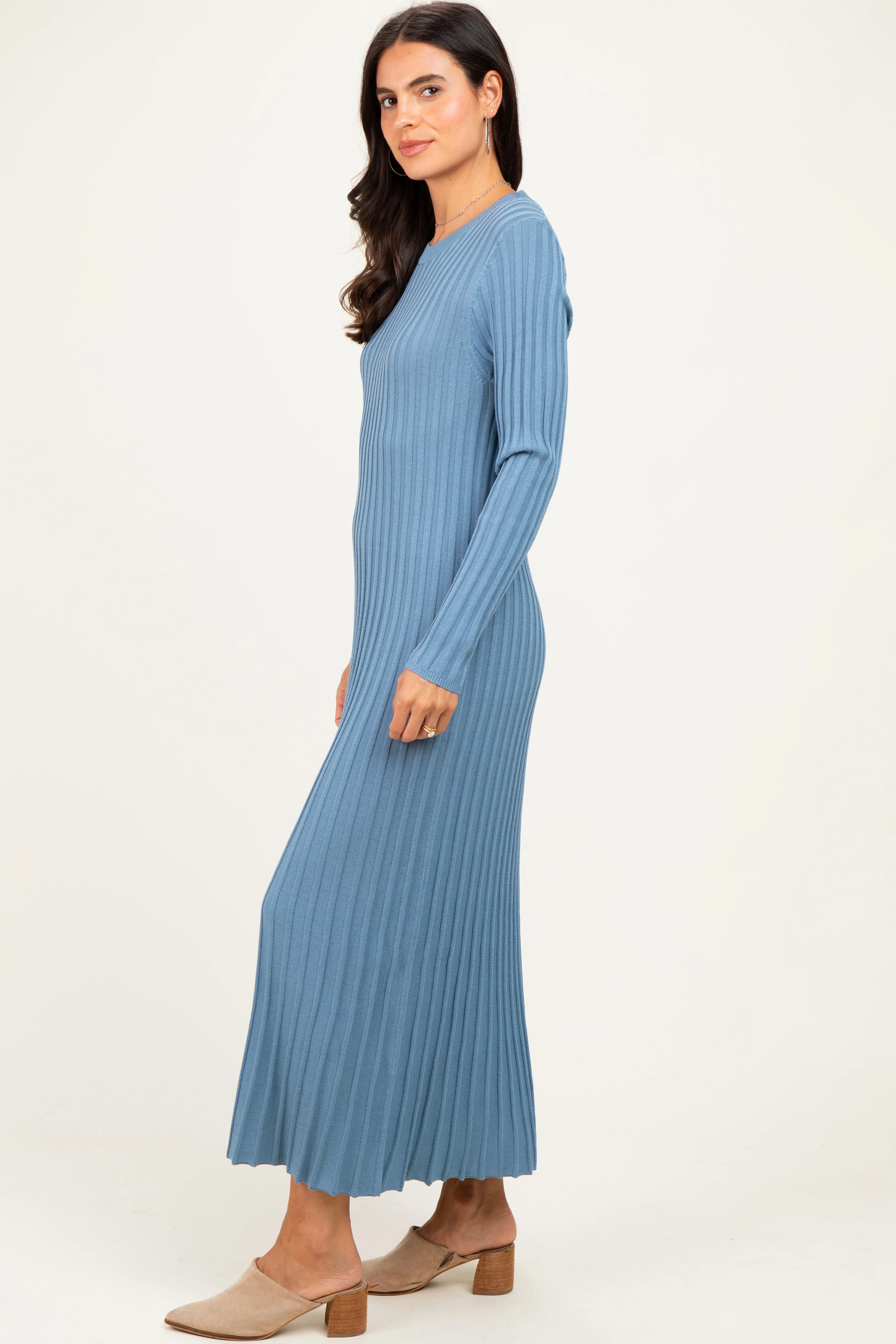 Denim Blue Ribbed Long Sleeve Sweater Midi Dress sold by Pinkblush product image thumbnail 2