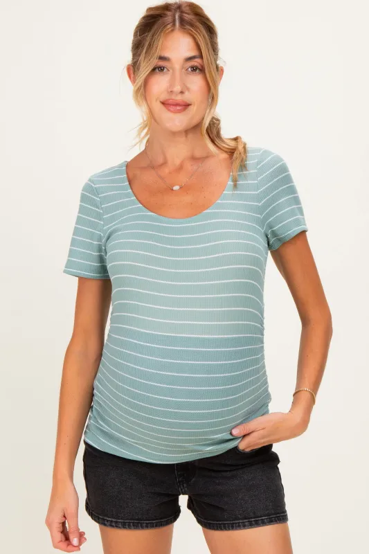 Jade Stripe Ruching Short Sleeve Maternity Top made by Pinkblush