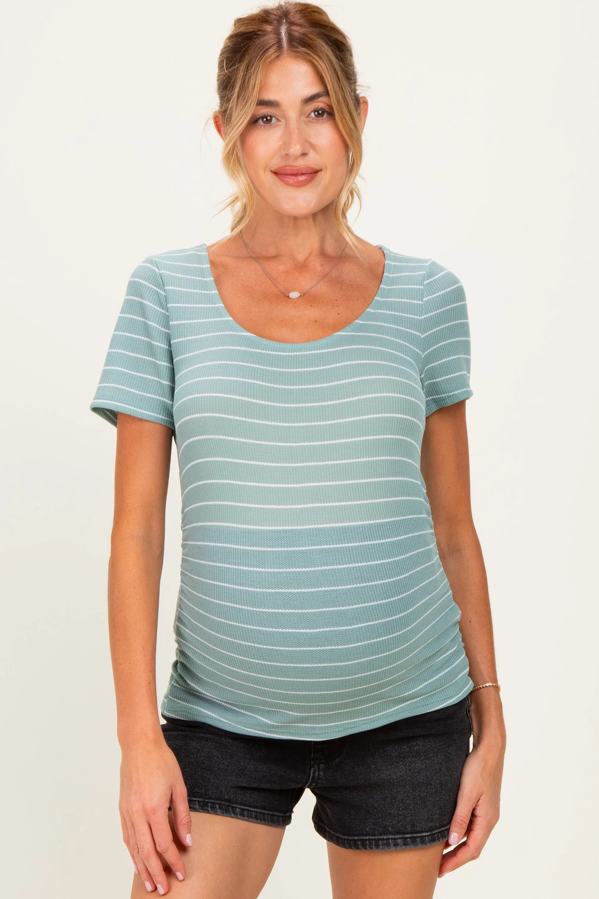 Jade Stripe Ruching Short Sleeve Maternity Top sold by Pinkblush product image thumbnail 2