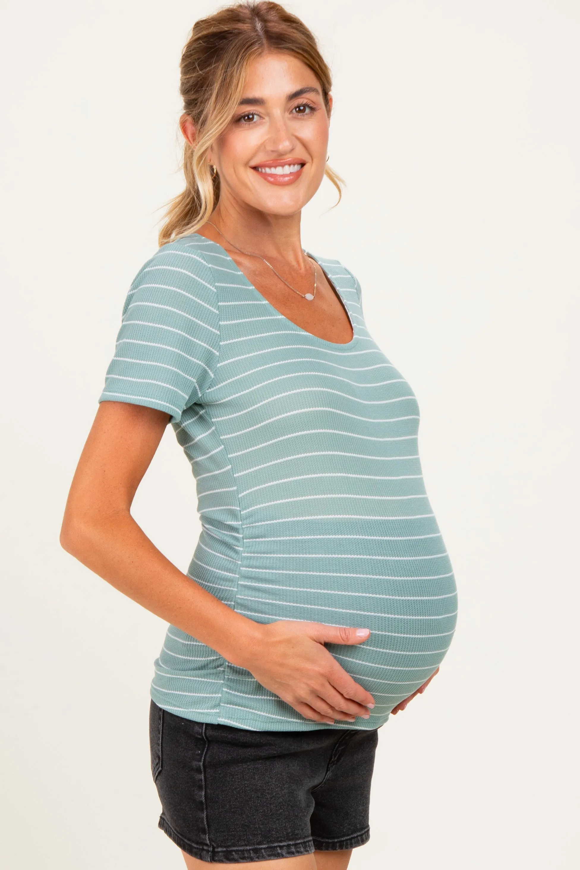 Jade Stripe Ruching Short Sleeve Maternity Top sold by Pinkblush product image thumbnail 3