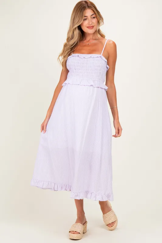 Lavender Striped Smocked Ruffle Accent Maternity Midi Dress made by AnnieWear