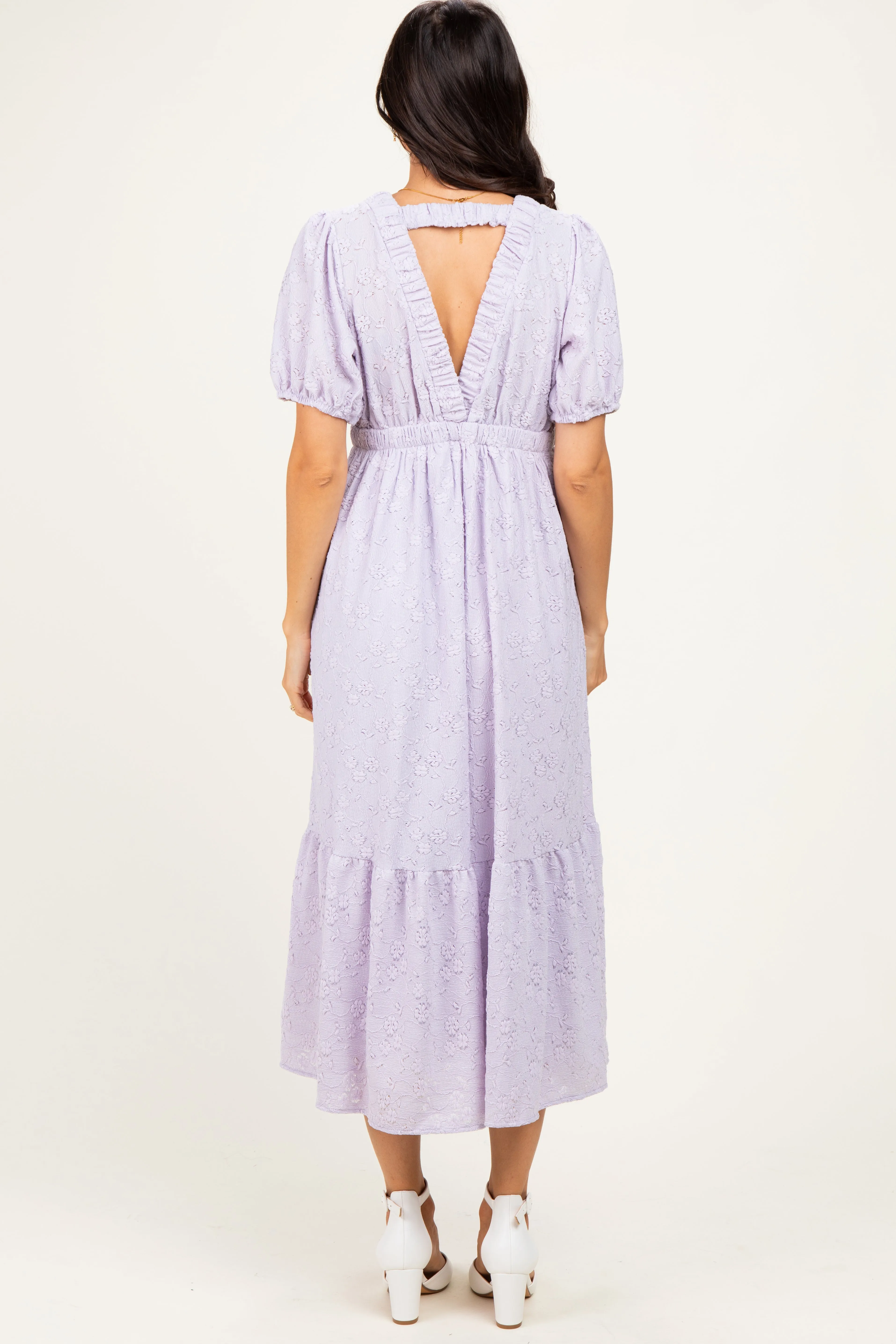 Lavender Lace V-Neck Puff Sleeve Maxi Dress sold by Pinkblush product image thumbnail 4