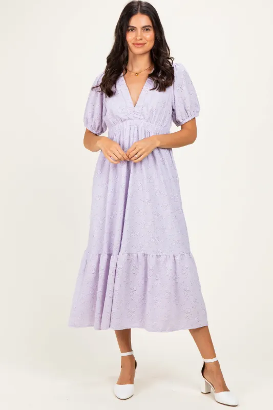 Lavender Lace V-Neck Puff Sleeve Maxi Dress made by Pinkblush