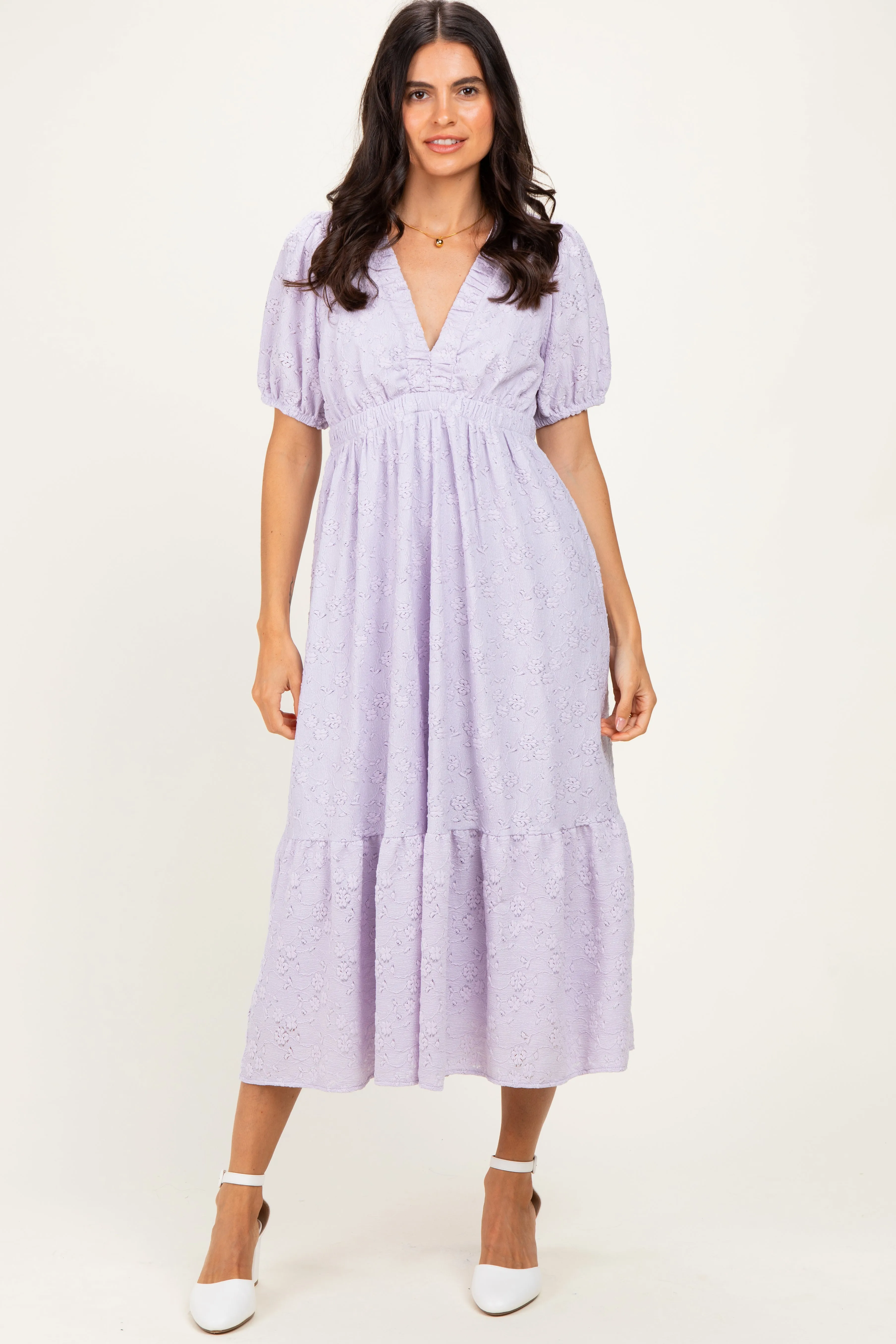 Lavender Lace V-Neck Puff Sleeve Maxi Dress sold by Pinkblush product image thumbnail 2