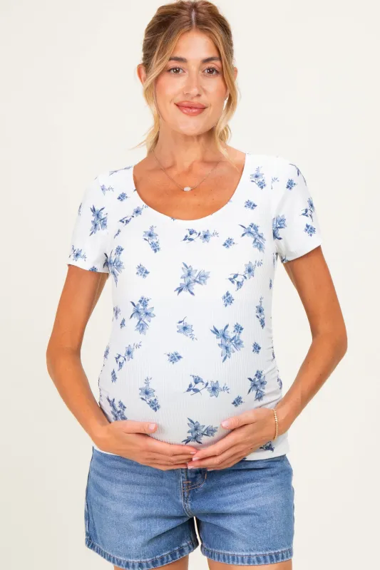 Navy Floral Ruching Short Sleeve Maternity Top made by Pinkblush