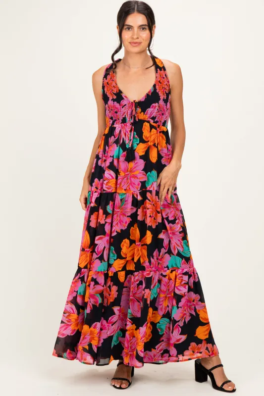 Black Floral Deep V-Neck Smocked Midi Dress made by Flying Tomato