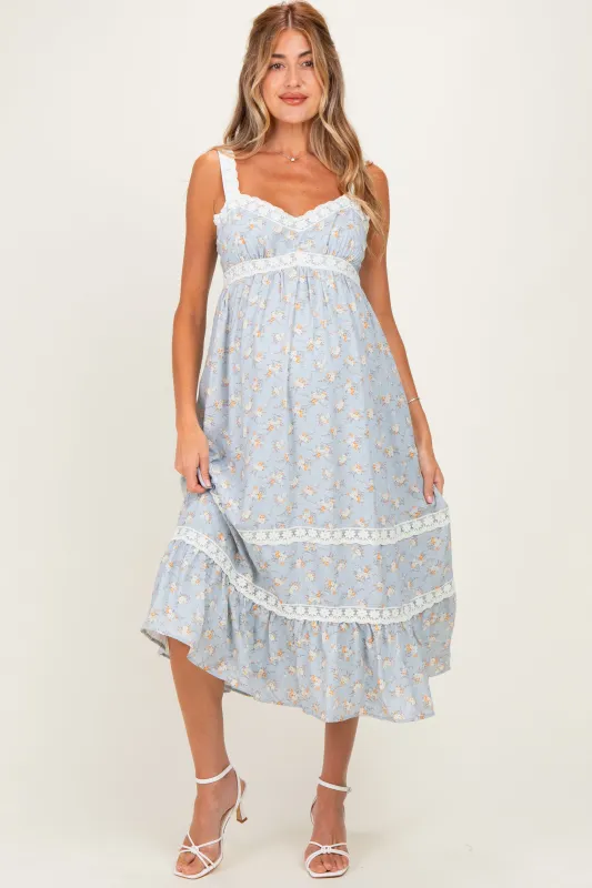 Vintage Blue Lace Floral Tie Back Maternity Midi Dress made by Inloom