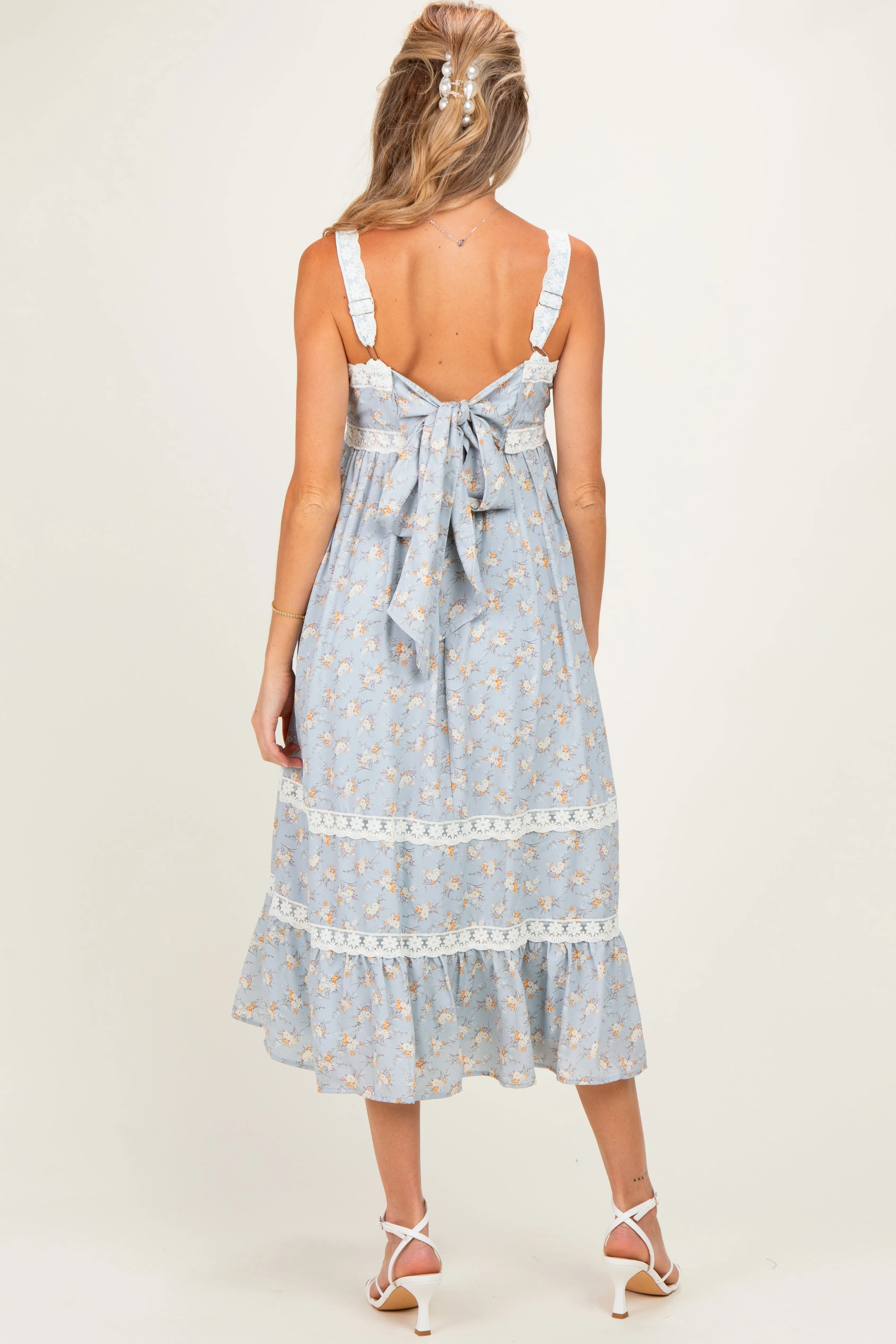 Vintage Blue Lace Floral Tie Back Maternity Midi Dress sold by Pinkblush product image thumbnail 3