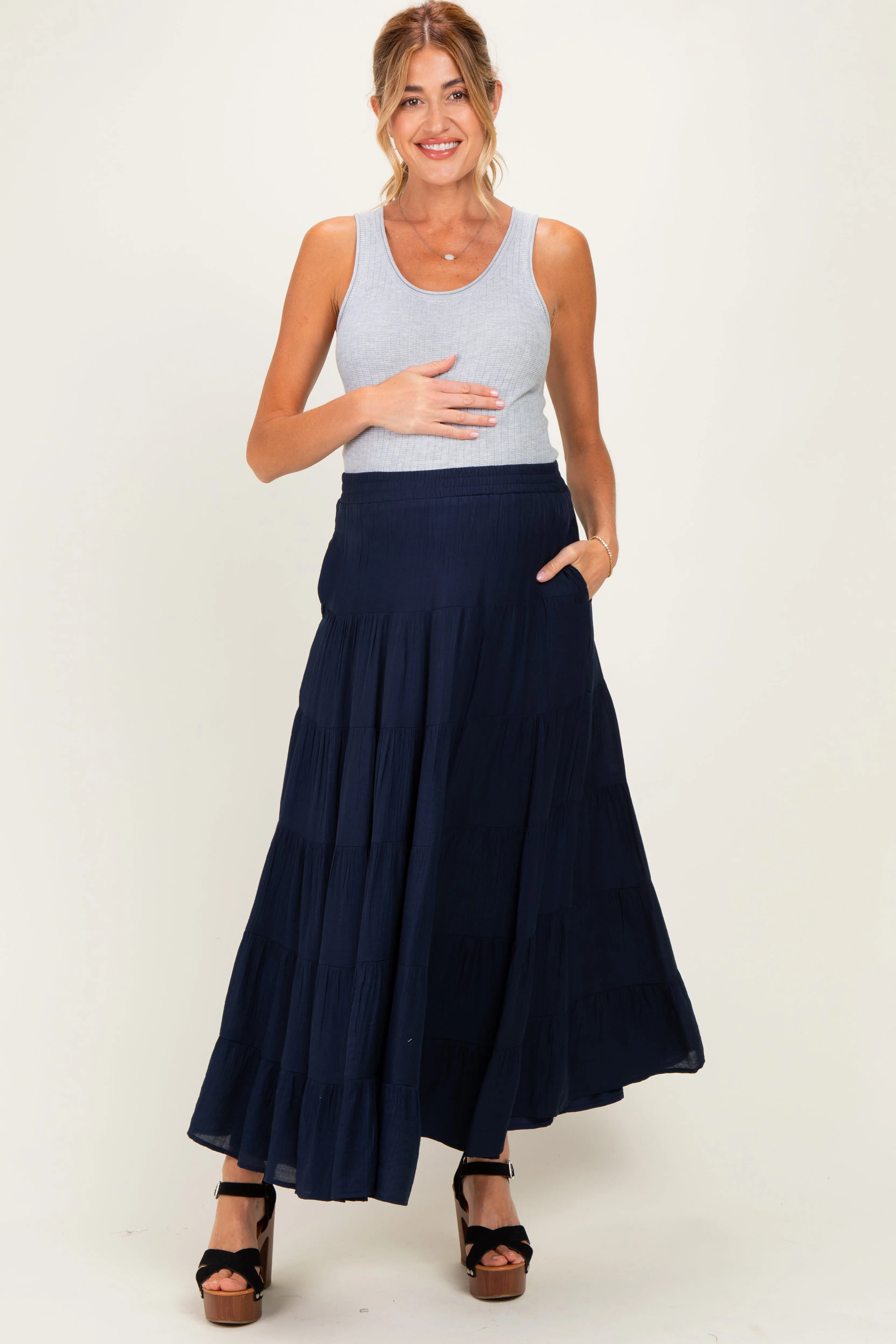 Navy Tiered Maternity Maxi Skirt sold by Pinkblush product image thumbnail 2