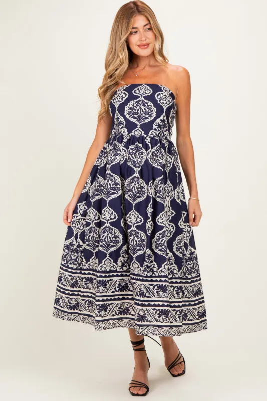Navy Damask Strapless Maternity Midi Dress made by entro