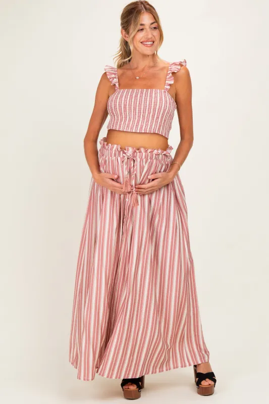 Rose Pink Striped Smocked Crop Top Maxi Skirt Maternity Set made by So Me