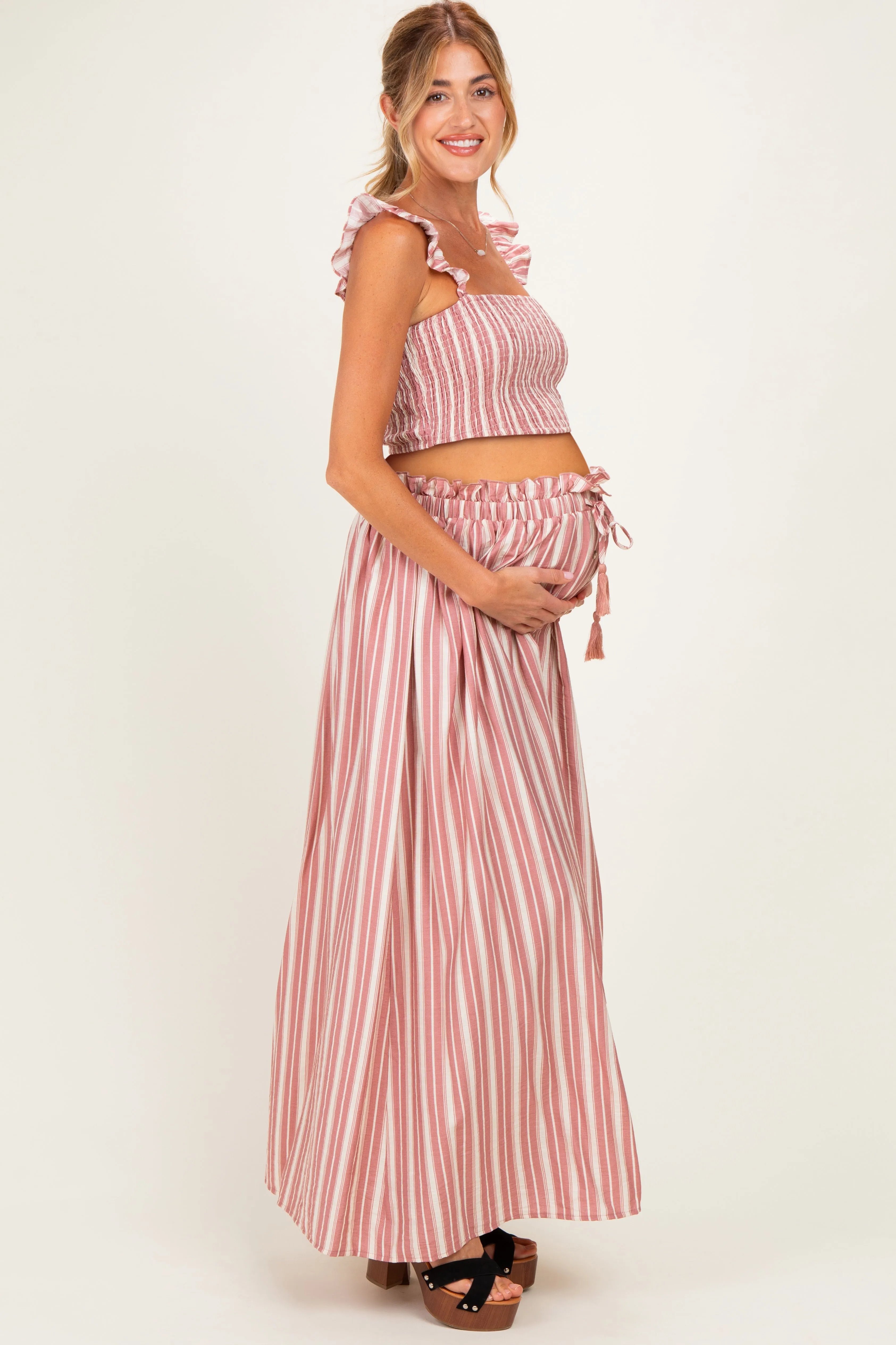 Rose Pink Striped Smocked Crop Top Maxi Skirt Maternity Set sold by Pinkblush product image thumbnail 2