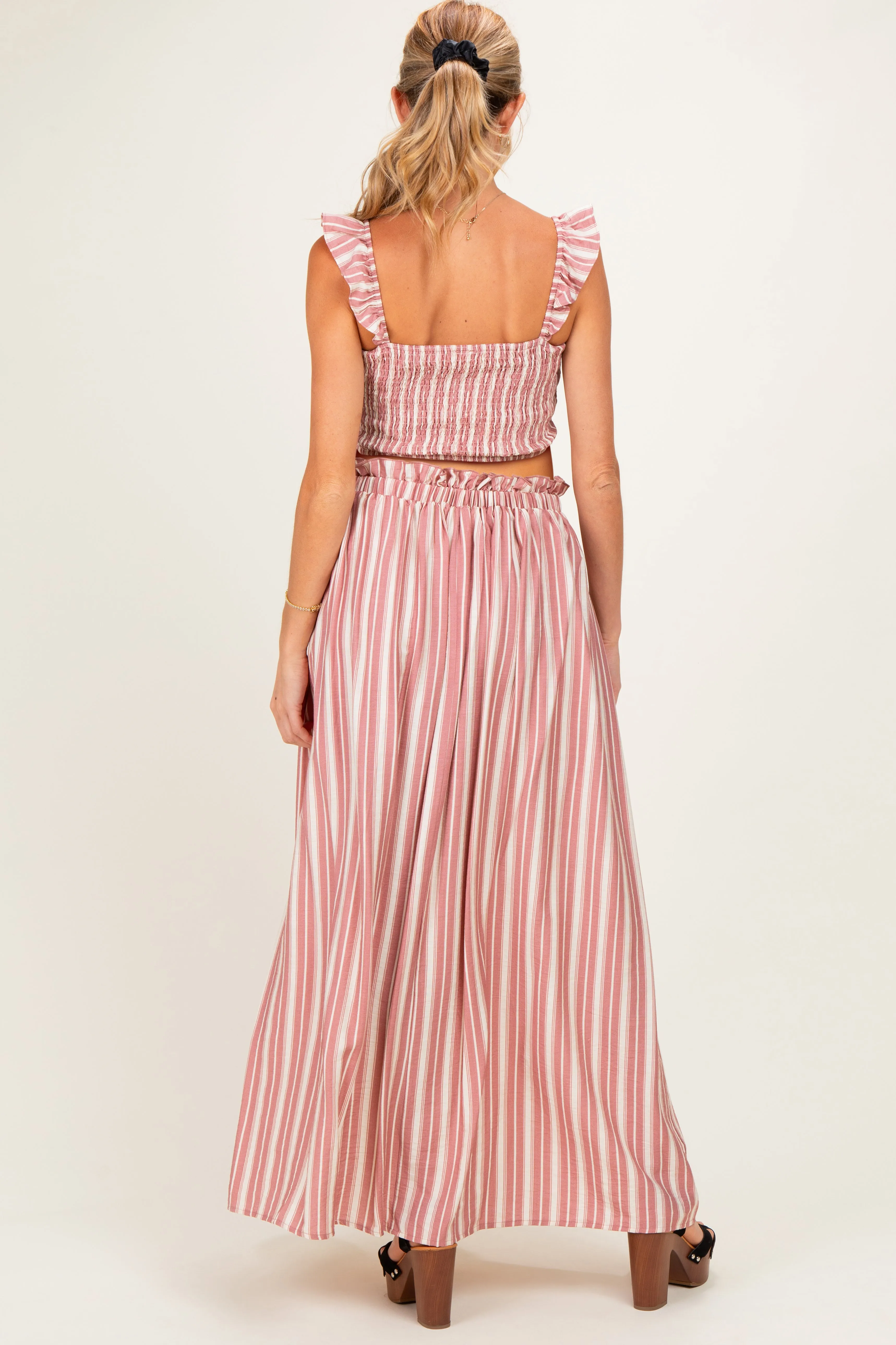 Rose Pink Striped Smocked Crop Top Maxi Skirt Maternity Set sold by Pinkblush product image thumbnail 3
